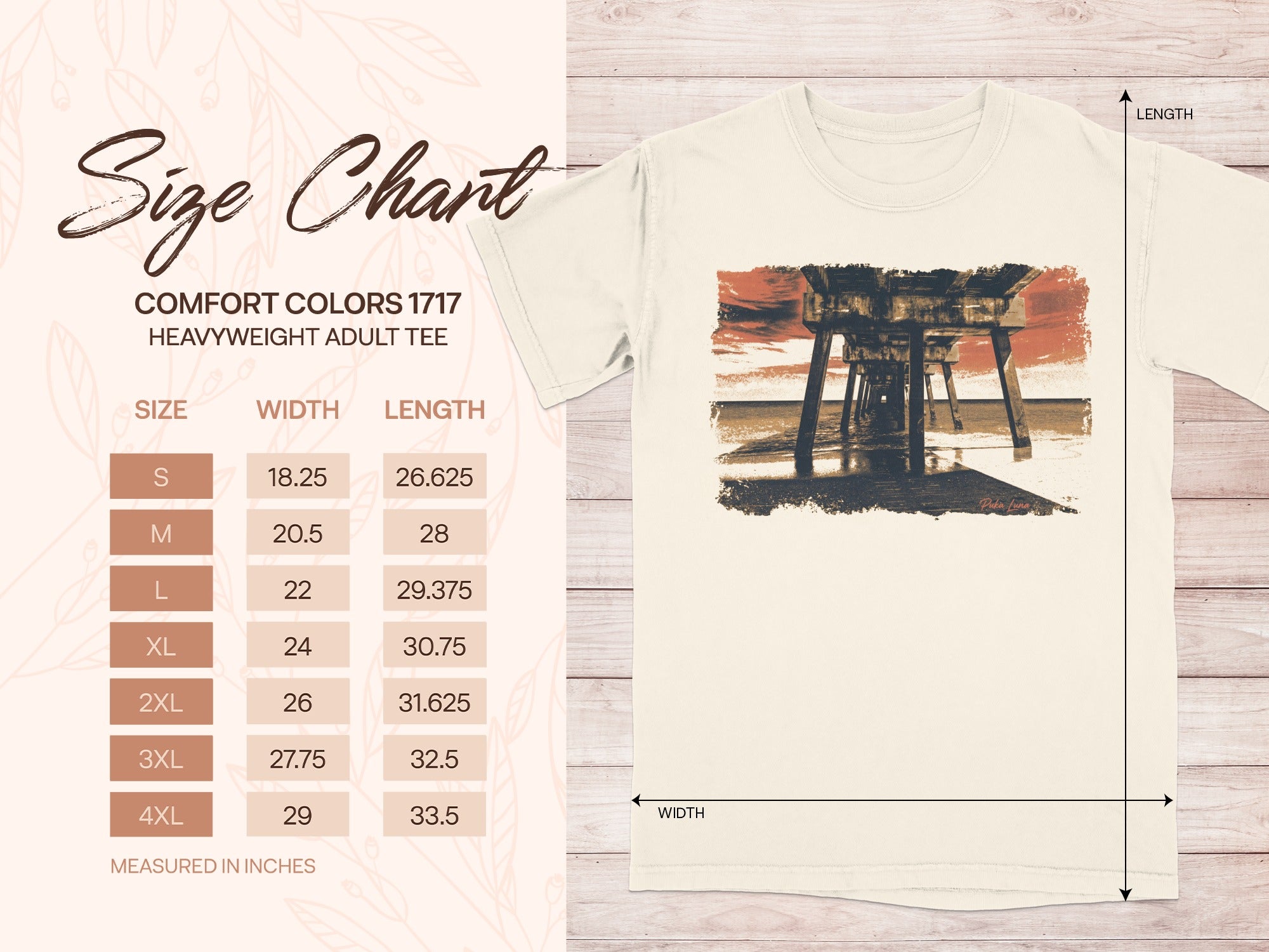 Comfort Colors 1717 size chart for heavyweight adult tee, measured in inches.