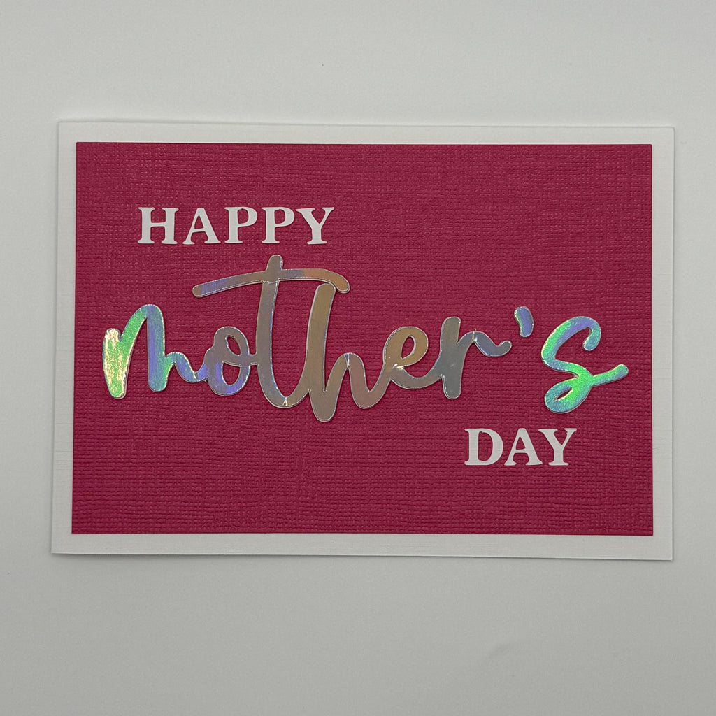 Handmade Mother's Day Card – Holographic Rainbow Script, Magenta Linen Textured Greeting