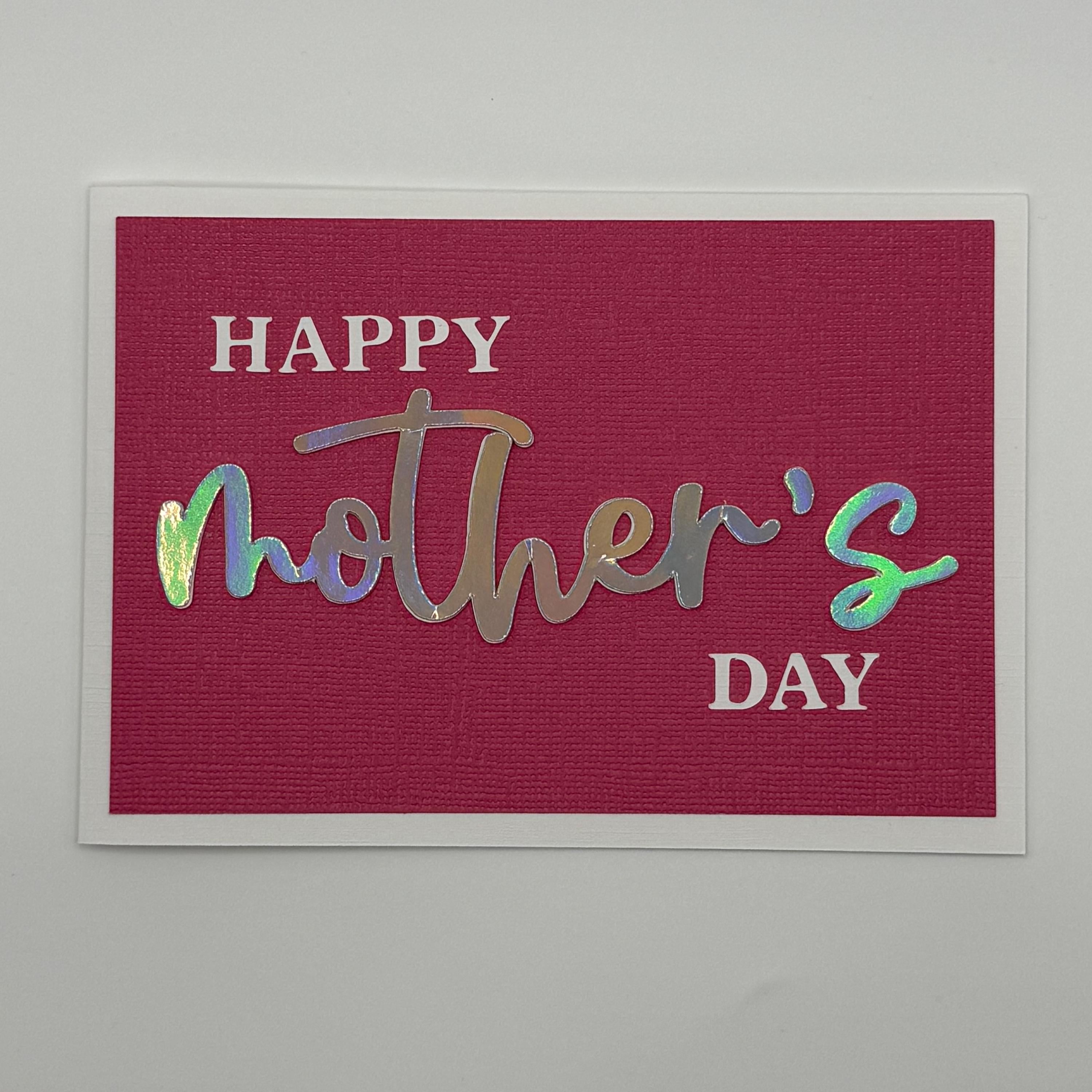 Handmade Mother's Day Card – Holographic Rainbow Script, Magenta Linen Textured Greeting