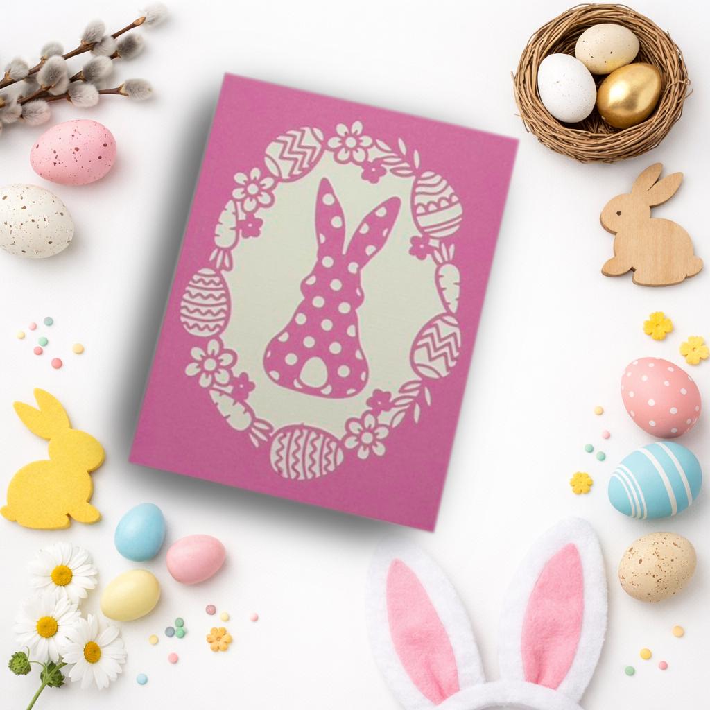 Pink Polka Dot Bunny Easter Card – Whimsical Floral Greeting Card