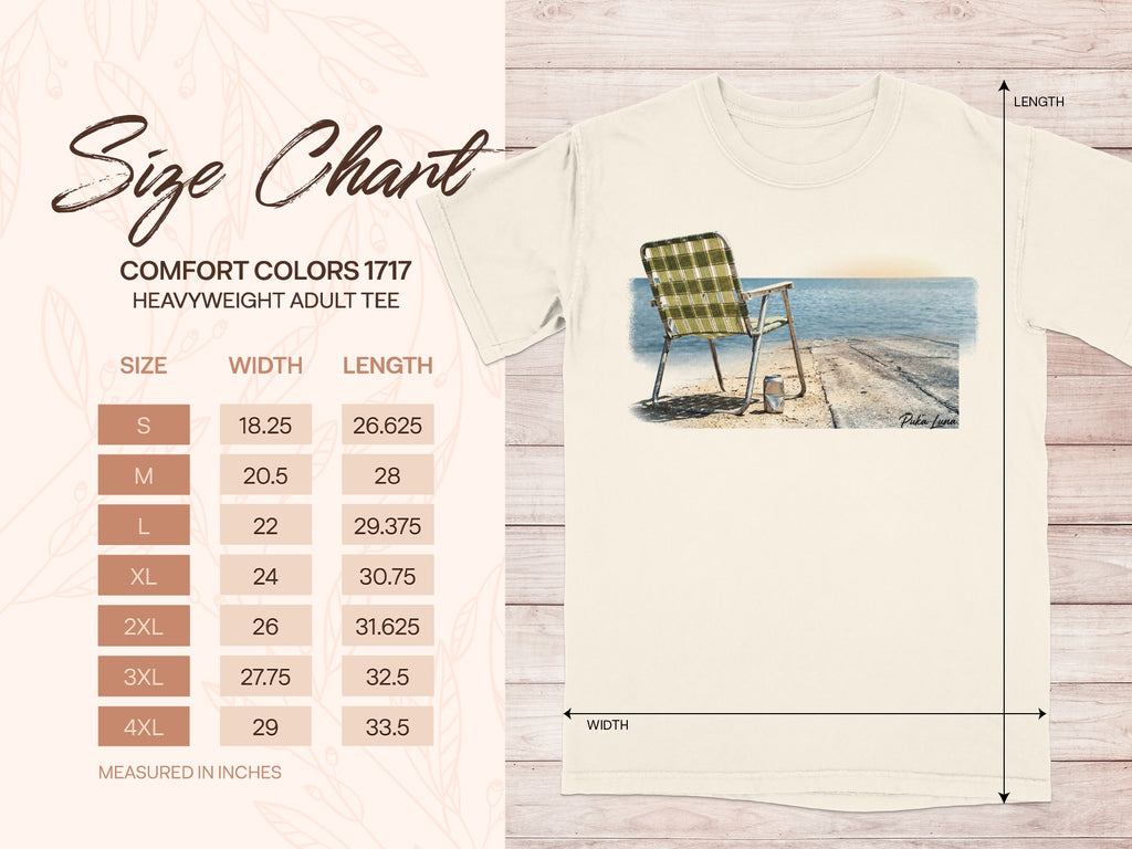 Comfort Colors 1717 heavyweight adult tee size chart with measurements.