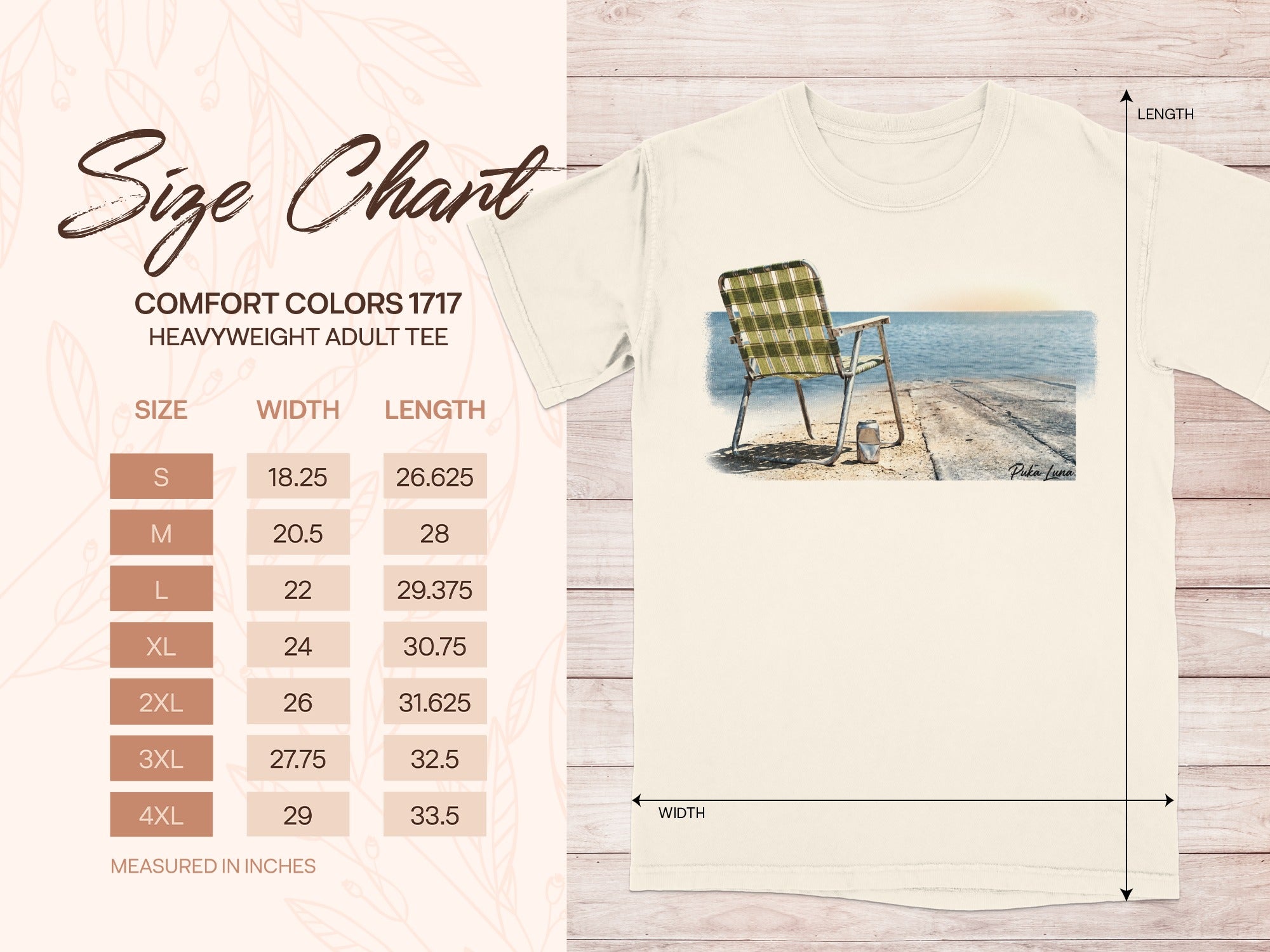 Comfort Colors 1717 heavyweight adult tee size chart with measurements.