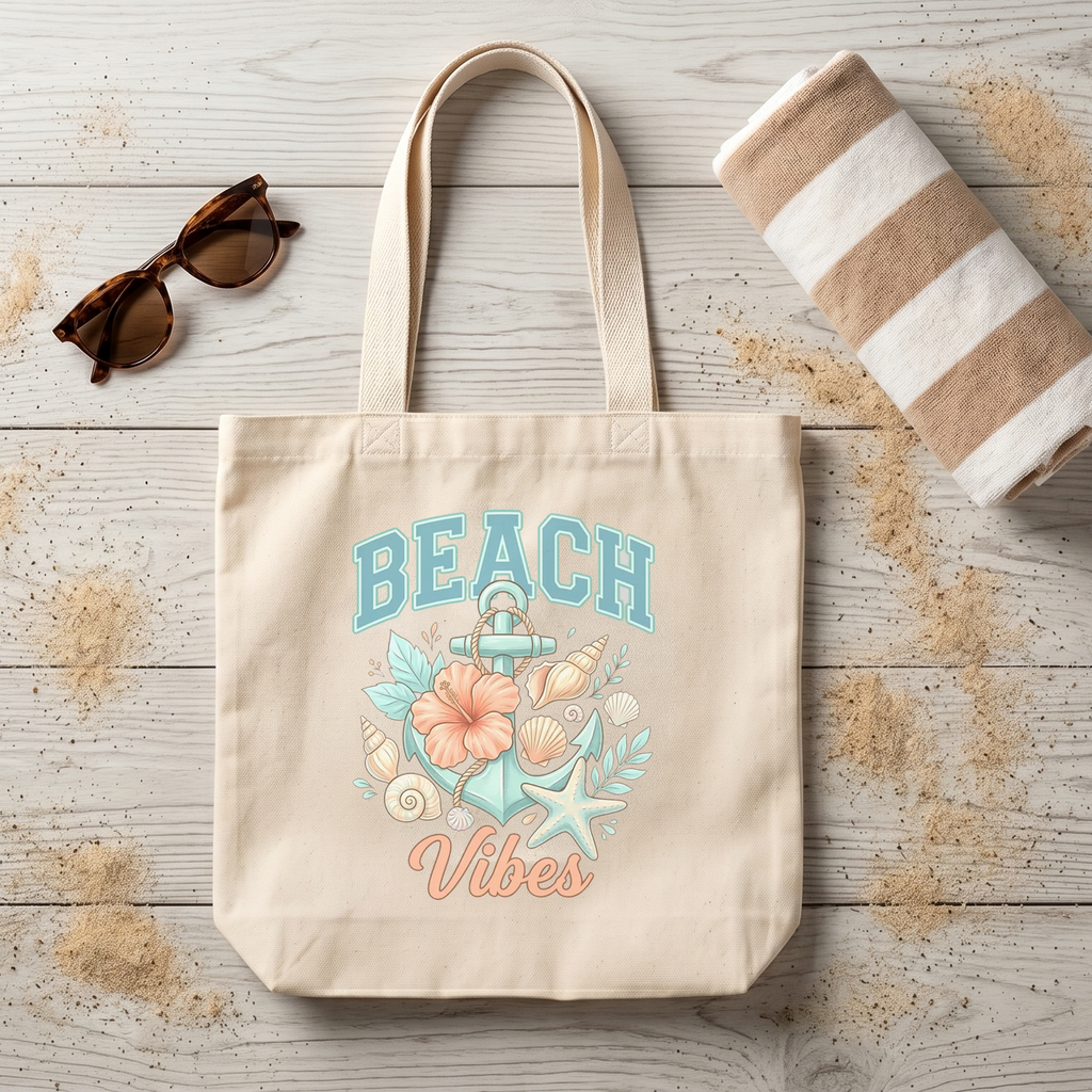 Canvas tote bag with "Beach Vibes" text and beach-themed graphics.