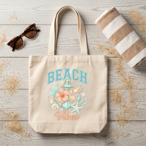 Canvas tote bag with "Beach Vibes" text and beach-themed graphics.