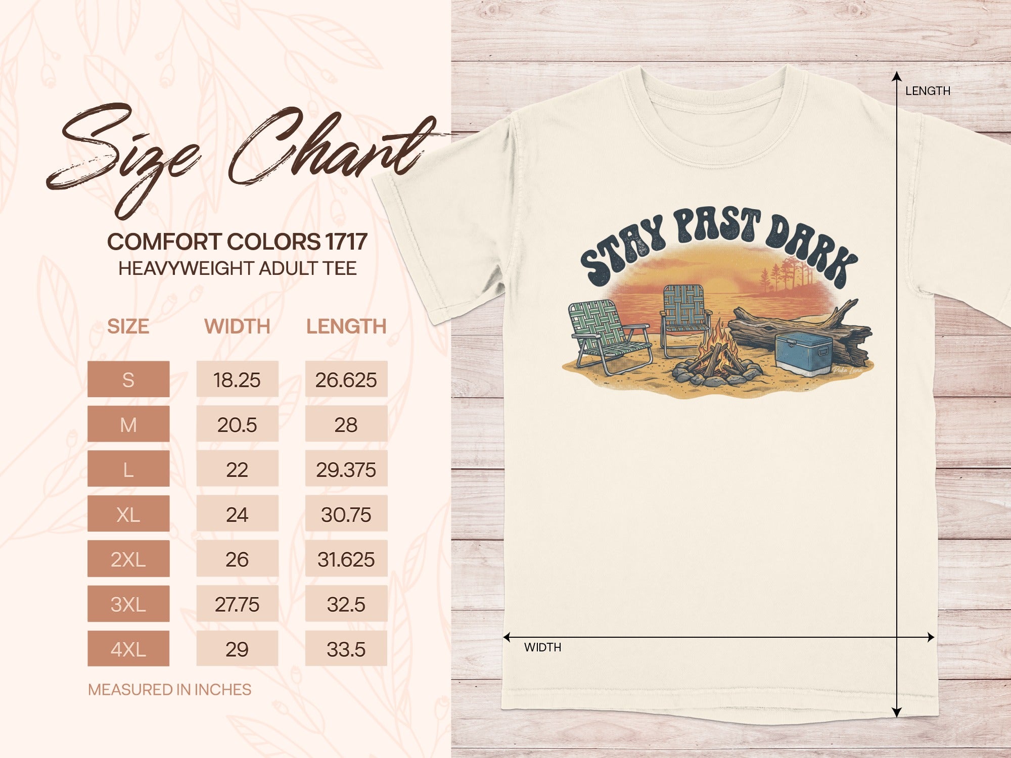 Comfort Colors 1717 heavyweight adult tee size chart with campfire graphic.