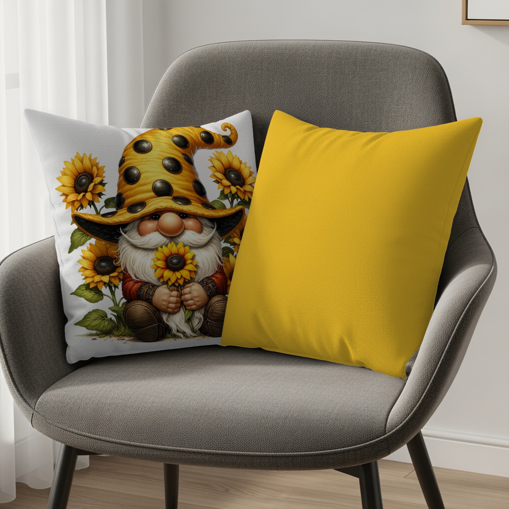 Gnome with sunflowers on pillow next to solid yellow pillow on chair.