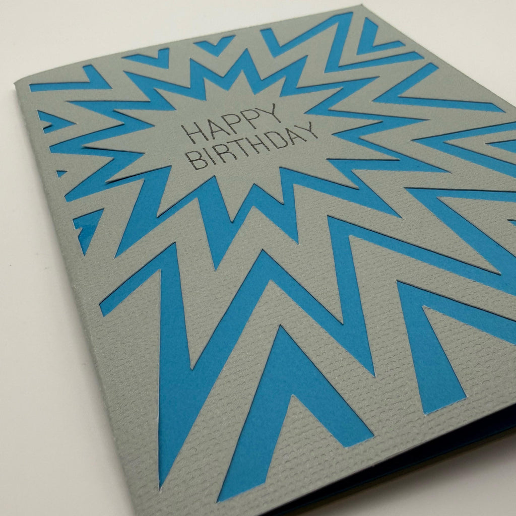 Handmade Pop Art Birthday Card – Blue Grey Sunburst 3D Layered Greeting Card