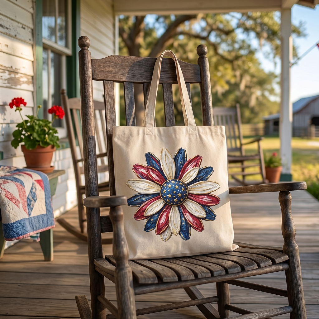 Beige canvas tote bag with a patriotic daisy design sits on a wooden rocking chair.