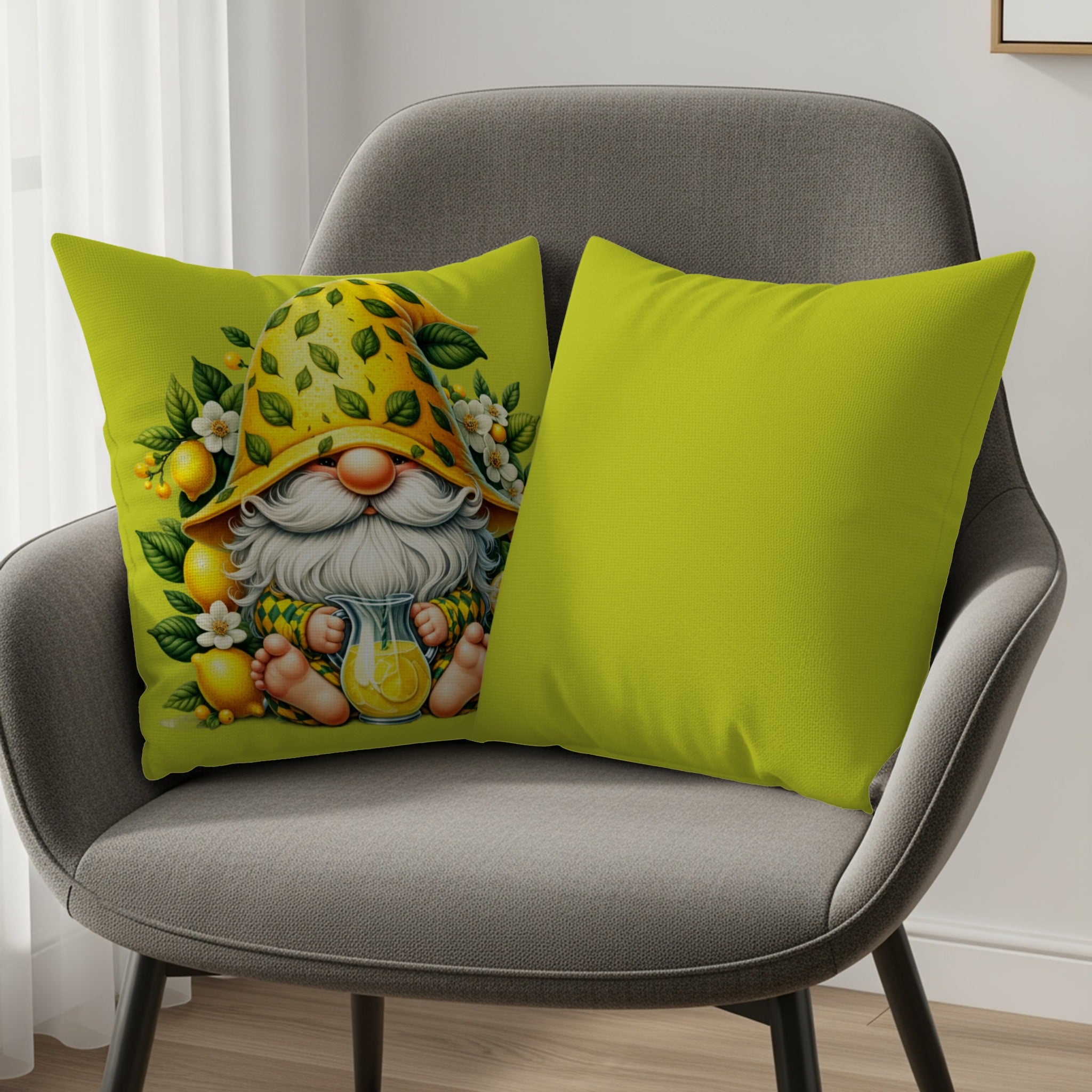 Gnome with lemons on a green pillow, beside a solid green pillow.