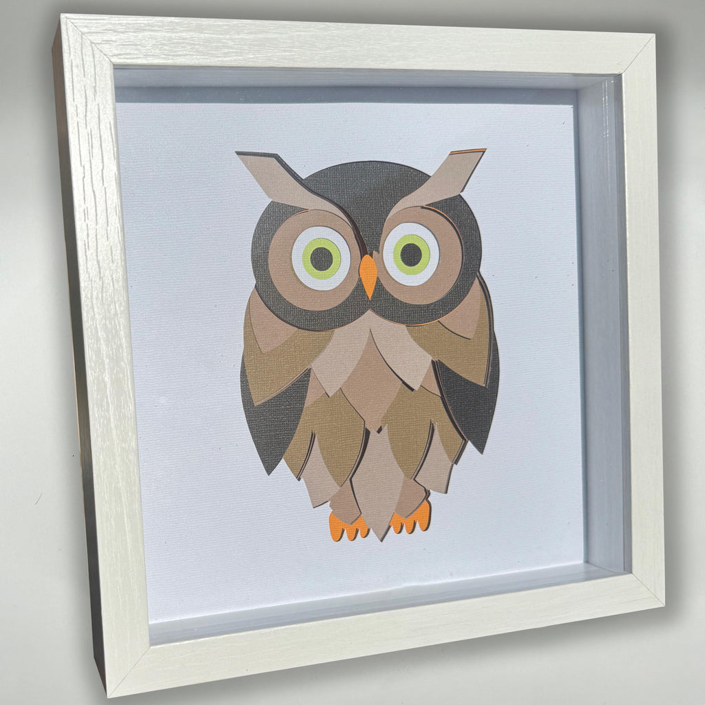 3D Layered Paper Art Owl Shadow Box – 8x8 Handmade Mid-Century Wall & Desk Decor