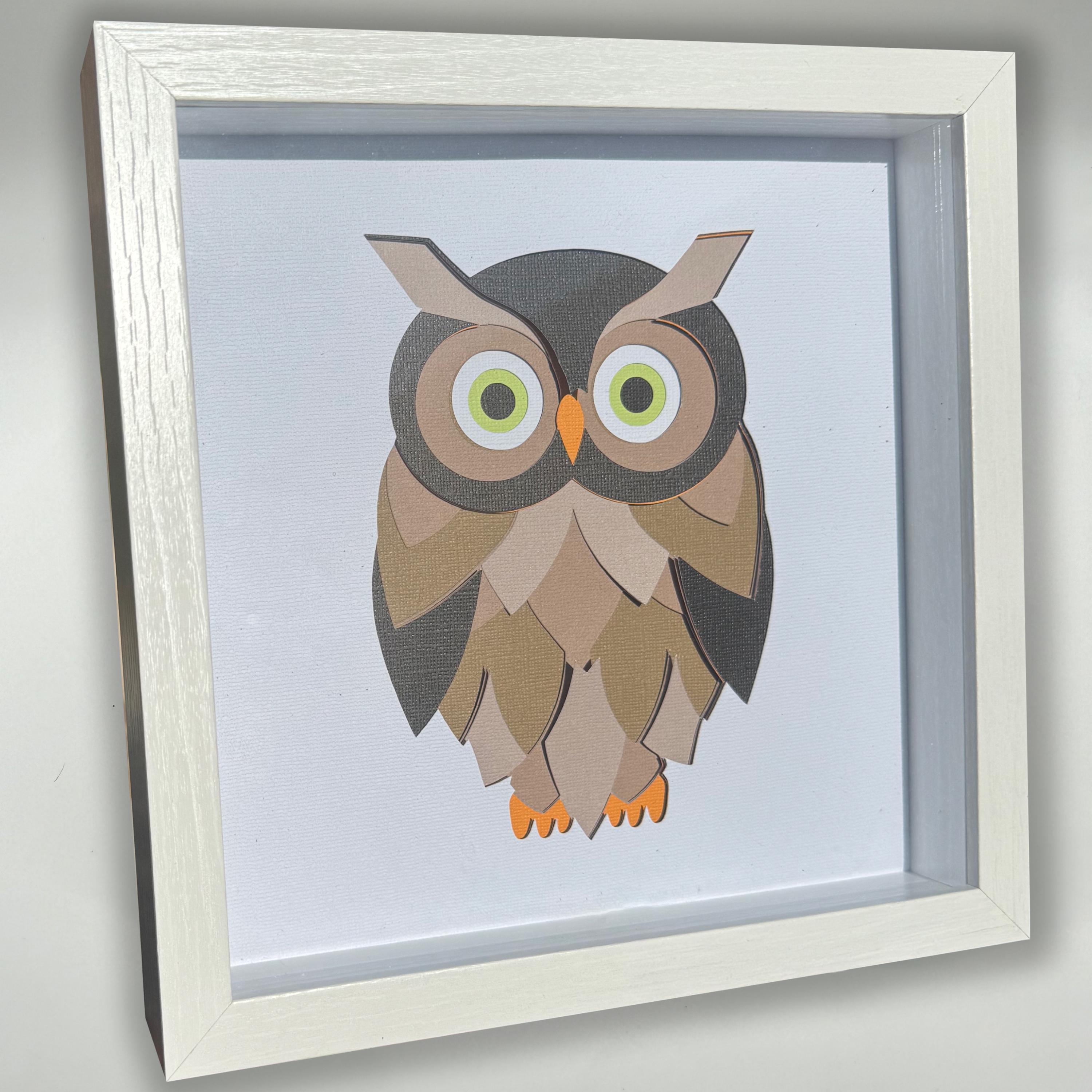 3D Layered Paper Art Owl Shadow Box – 8x8 Handmade Mid-Century Wall & Desk Decor