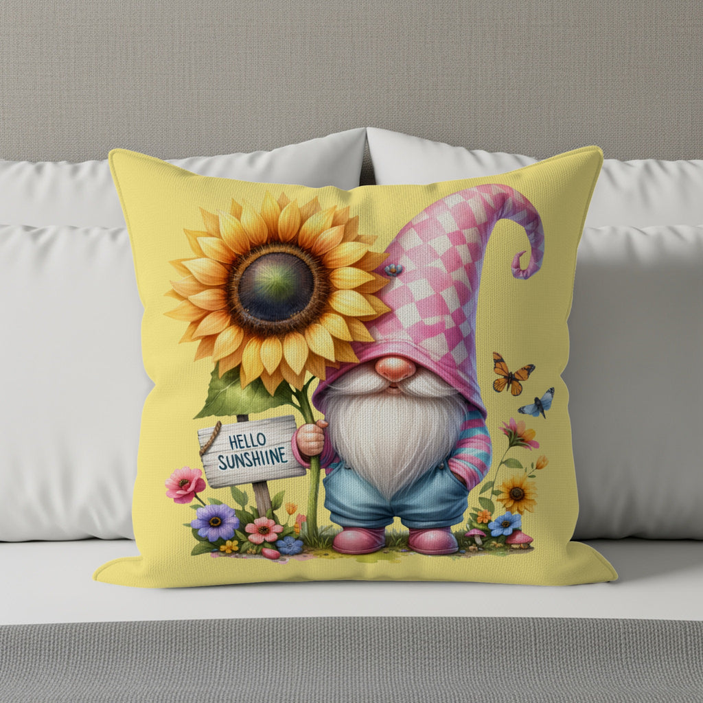 Gnome holding a sunflower and a "Hello Sunshine" sign with butterflies and flowers.