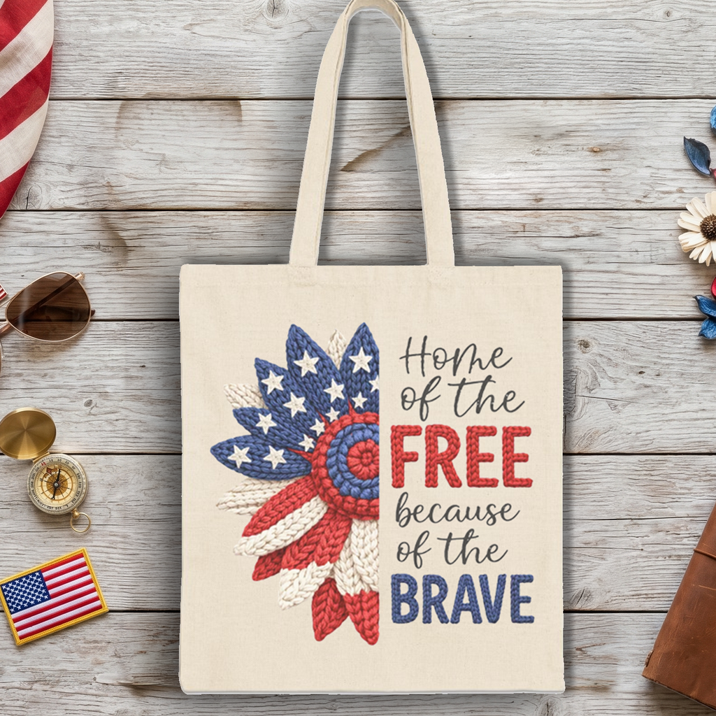 Canvas tote bag with patriotic sunflower and "Home of the Free" text.