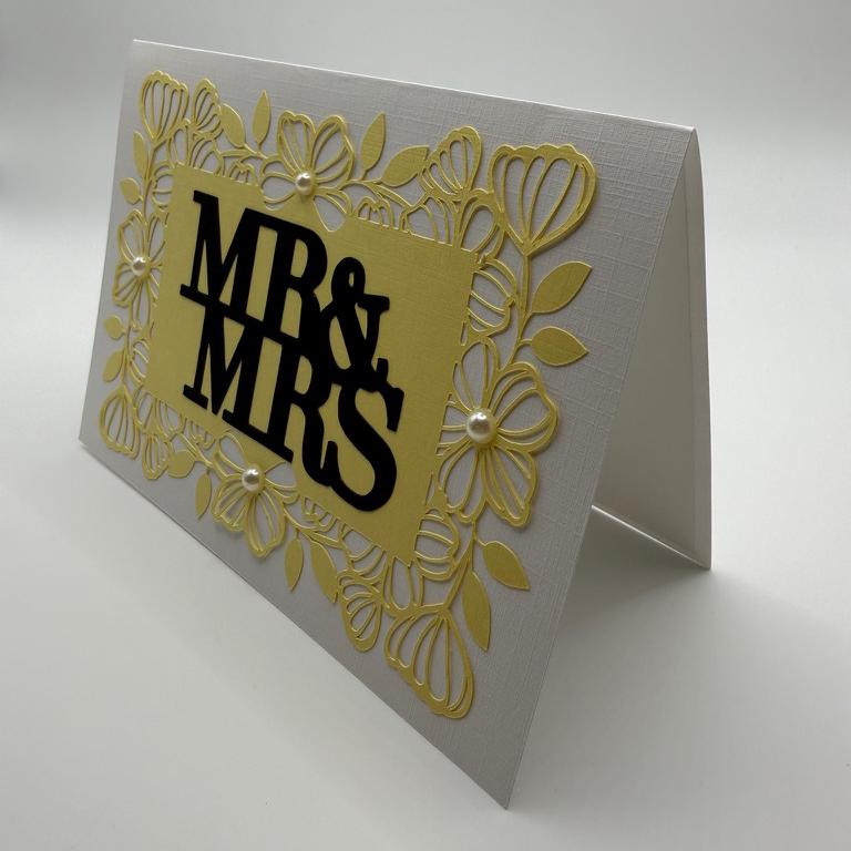 Mr & Mrs Wedding Card | Yellow & Black Floral Die-Cut with Pearl Accents | Wedding, Anniversary & Bridal Shower