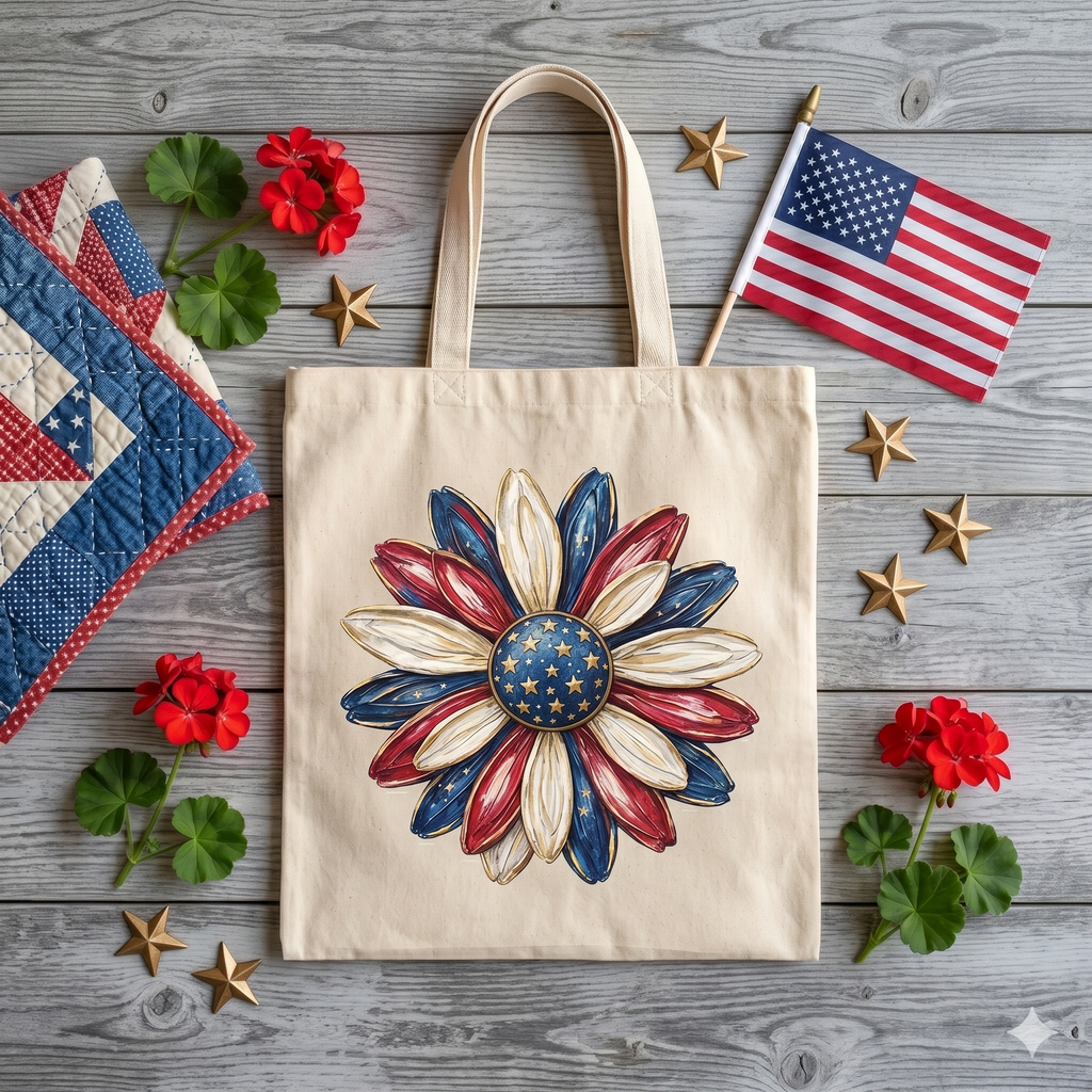 Canvas tote bag with patriotic floral design, small American flag, and stars.