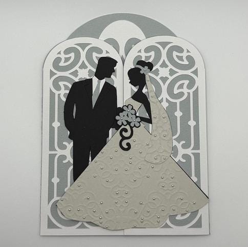 3D Gatefold Wedding Card | Bride & Groom Silhouette with Embossed Gown & Pearl Details | Luxury Wedding & Bridal Shower Gift