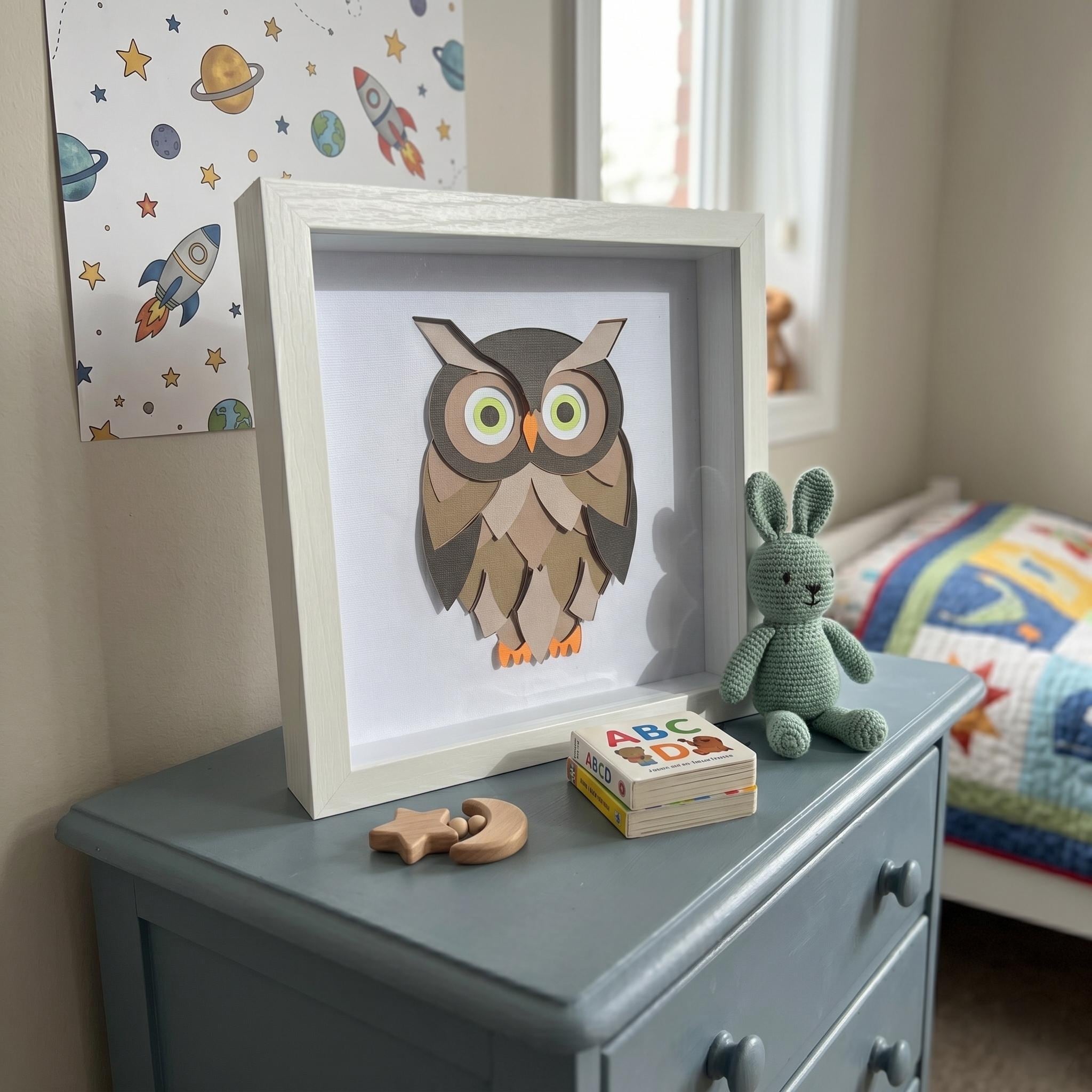 3D Layered Paper Art Owl Shadow Box – 8x8 Handmade Mid-Century Wall & Desk Decor