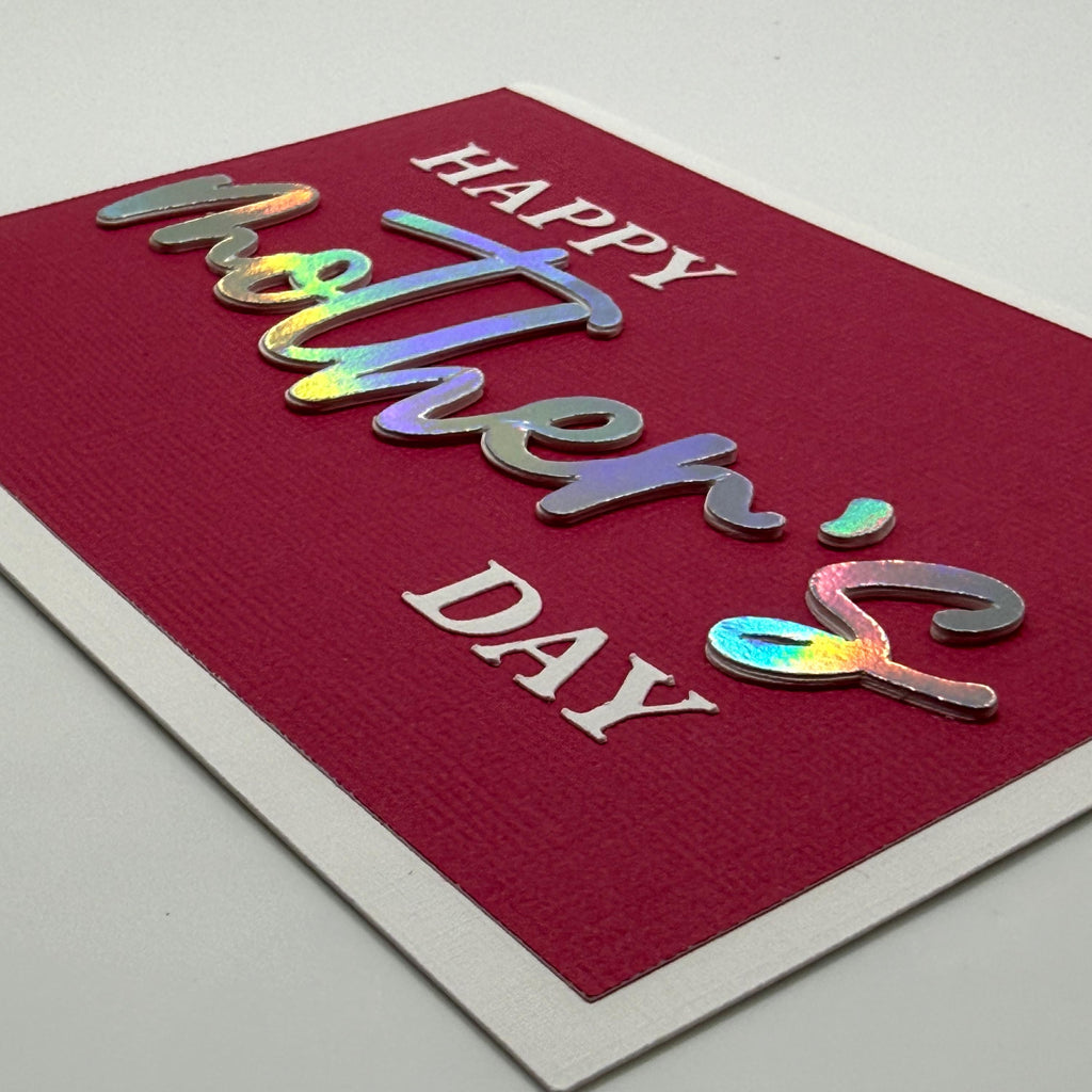 Handmade Mother's Day Card – Holographic Rainbow Script, Magenta Linen Textured Greeting
