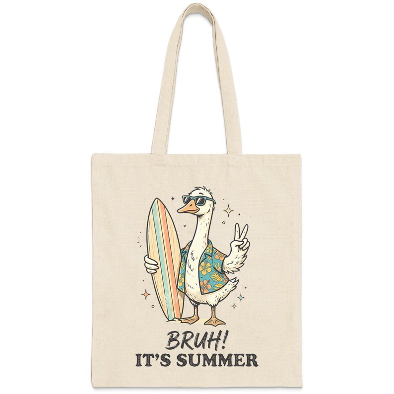 Cartoon goose in Hawaiian shirt holding surfboard, "BRUH! IT'S SUMMER" text.