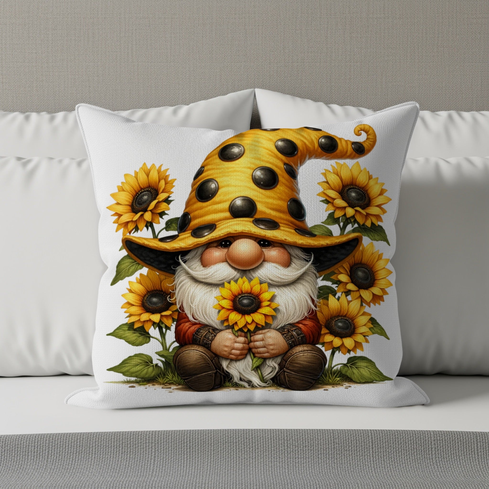 Gnome with sunflowers wearing a yellow polka dot hat.