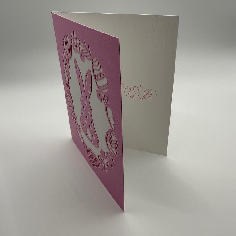 Pink Polka Dot Bunny Easter Card – Whimsical Floral Greeting Card