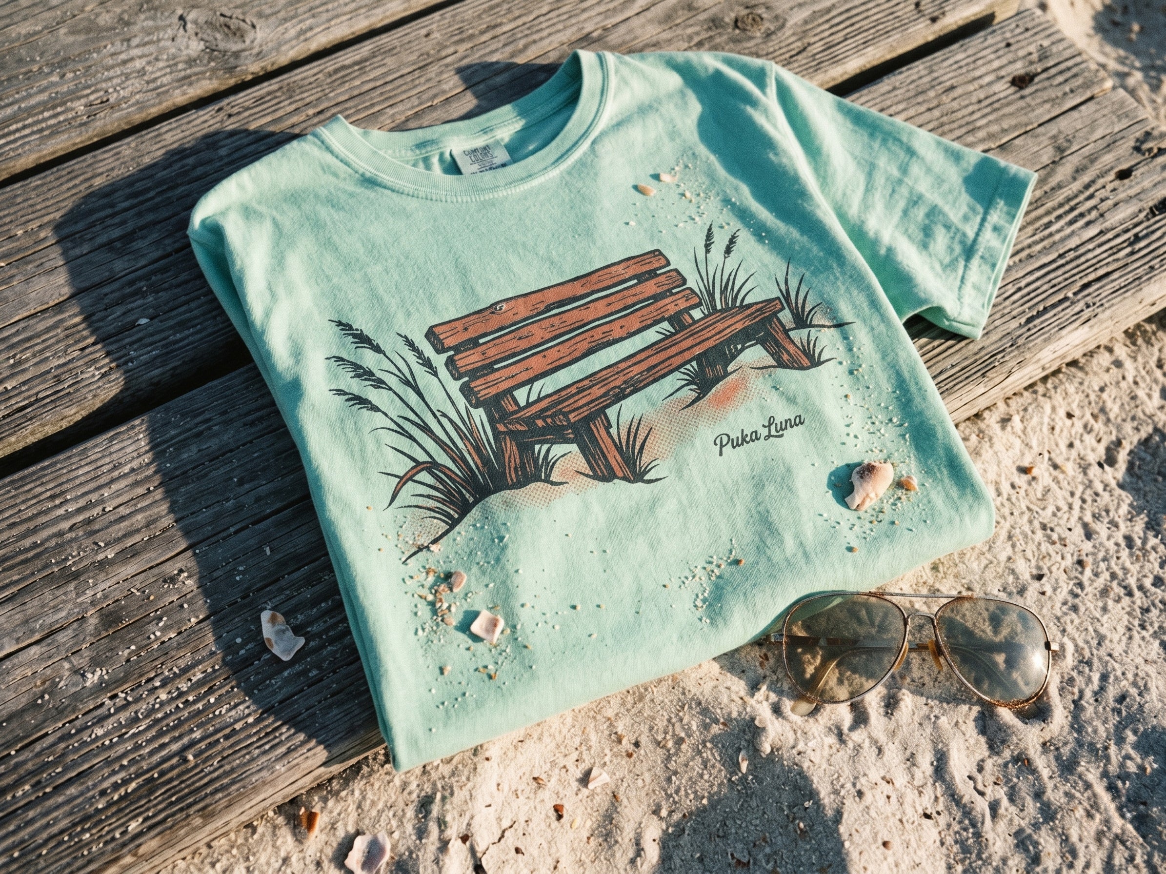 Light blue t-shirt with bench, grass, and shells graphic, laid on wood with sunglasses.
