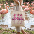 Tote bag with three cartoon flamingos wearing sunglasses and hats.