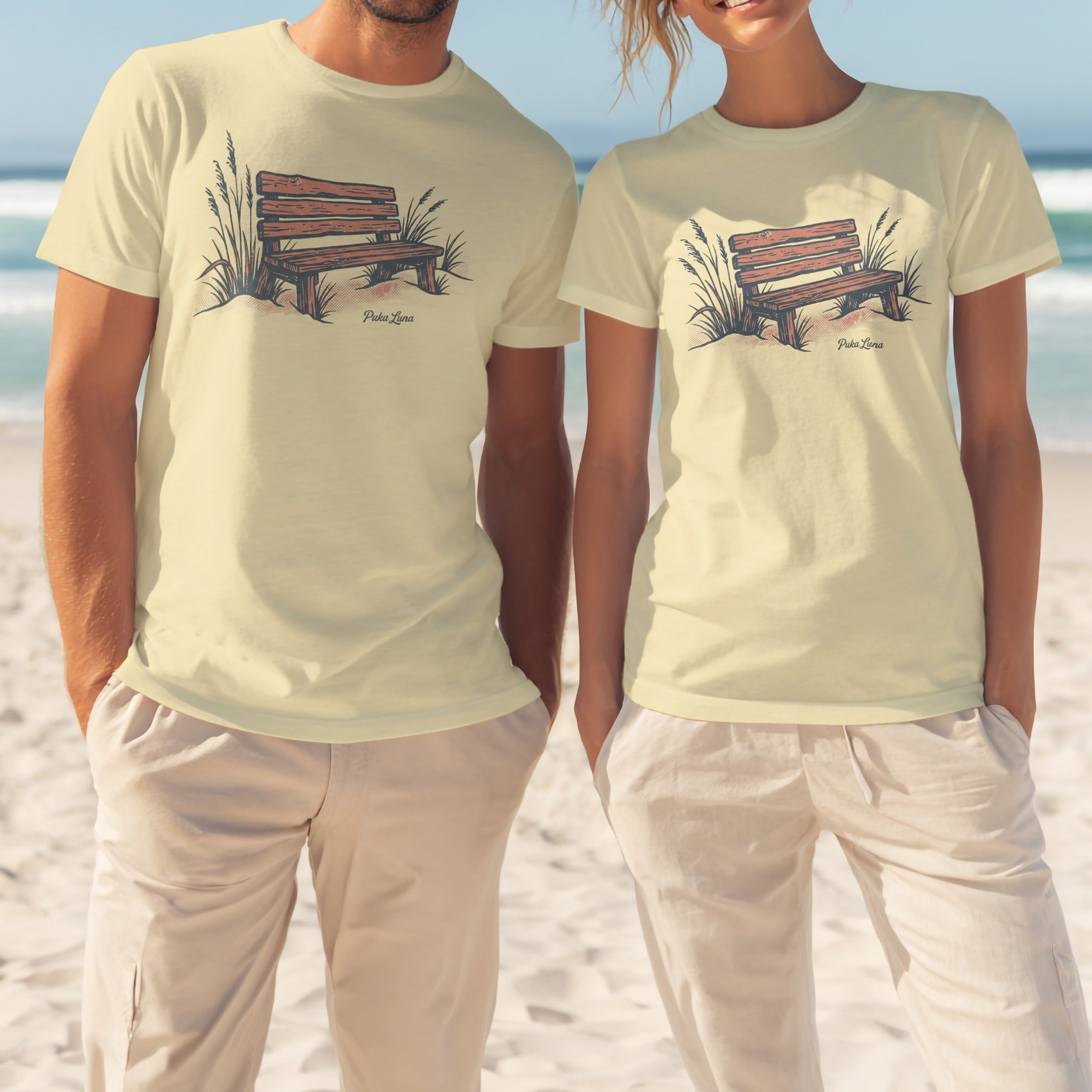 Light yellow t-shirts with a wooden bench and grass illustration.
