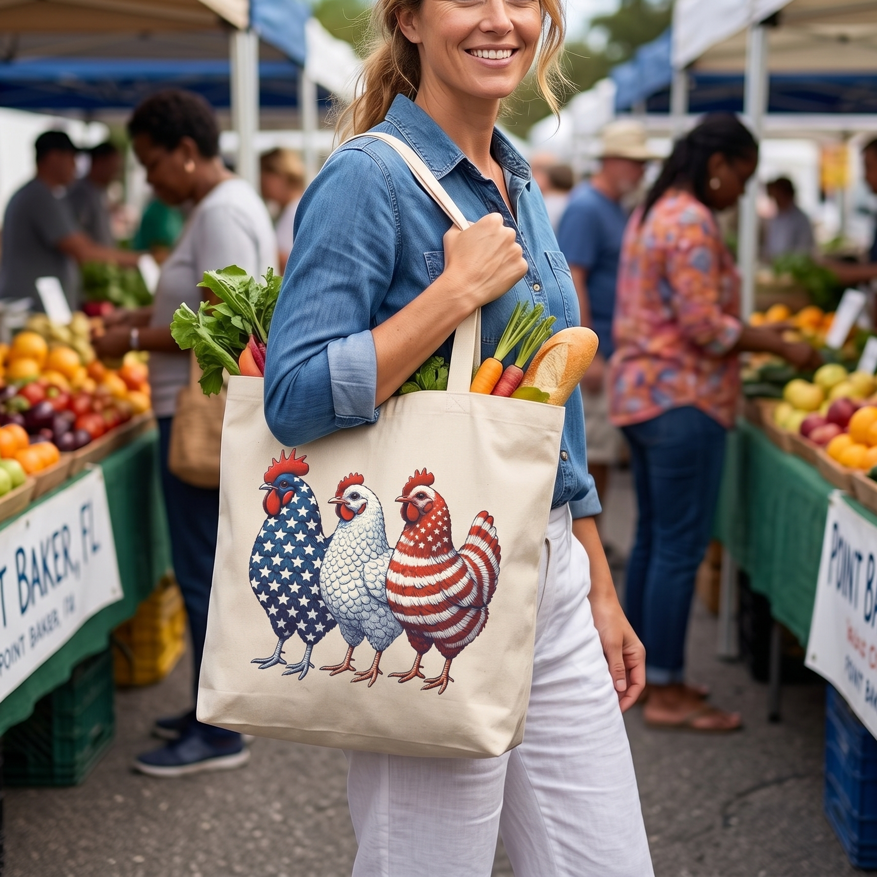 Canvas tote bag with patriotic chickens and vegetables.