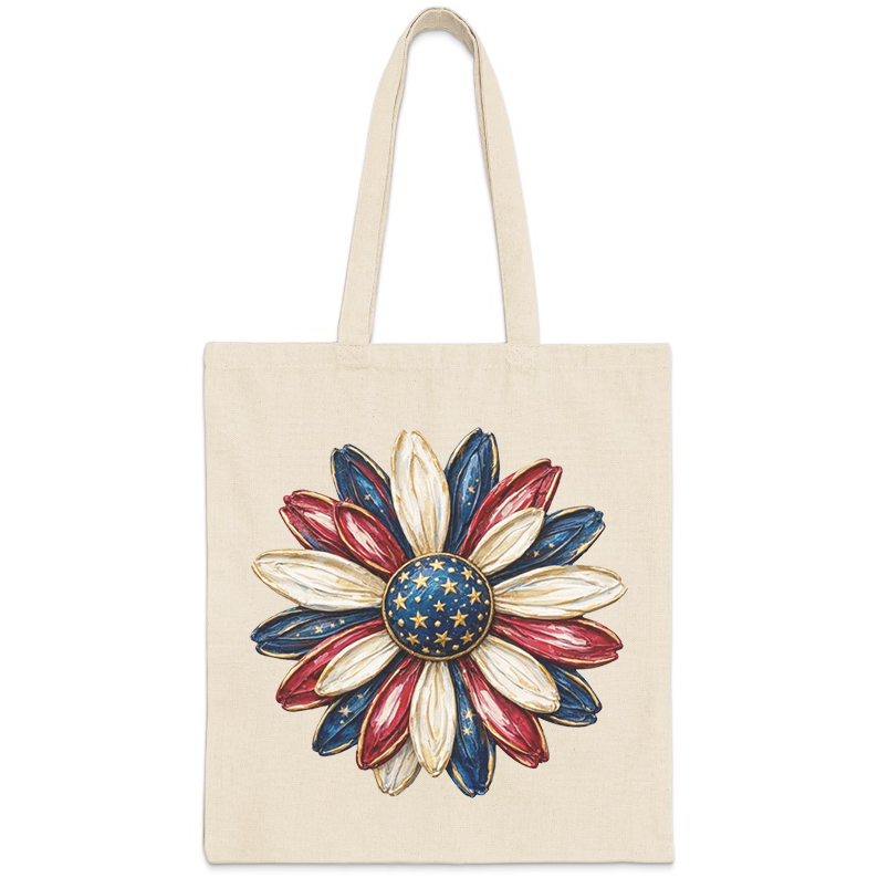 Tote bag with a patriotic daisy design featuring red, white, and blue petals and a star center.
