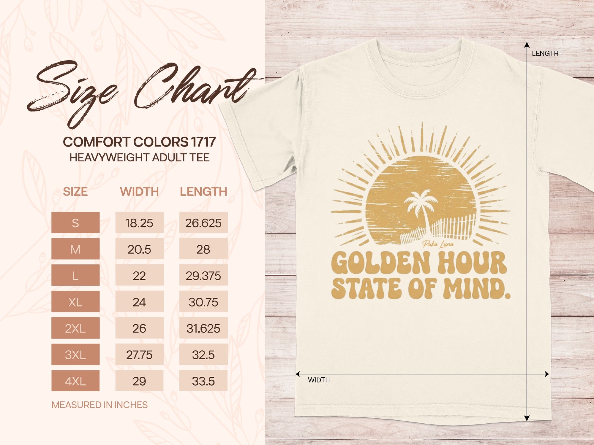 Comfort Colors 1717 t-shirt size chart with chest width and length measurements.