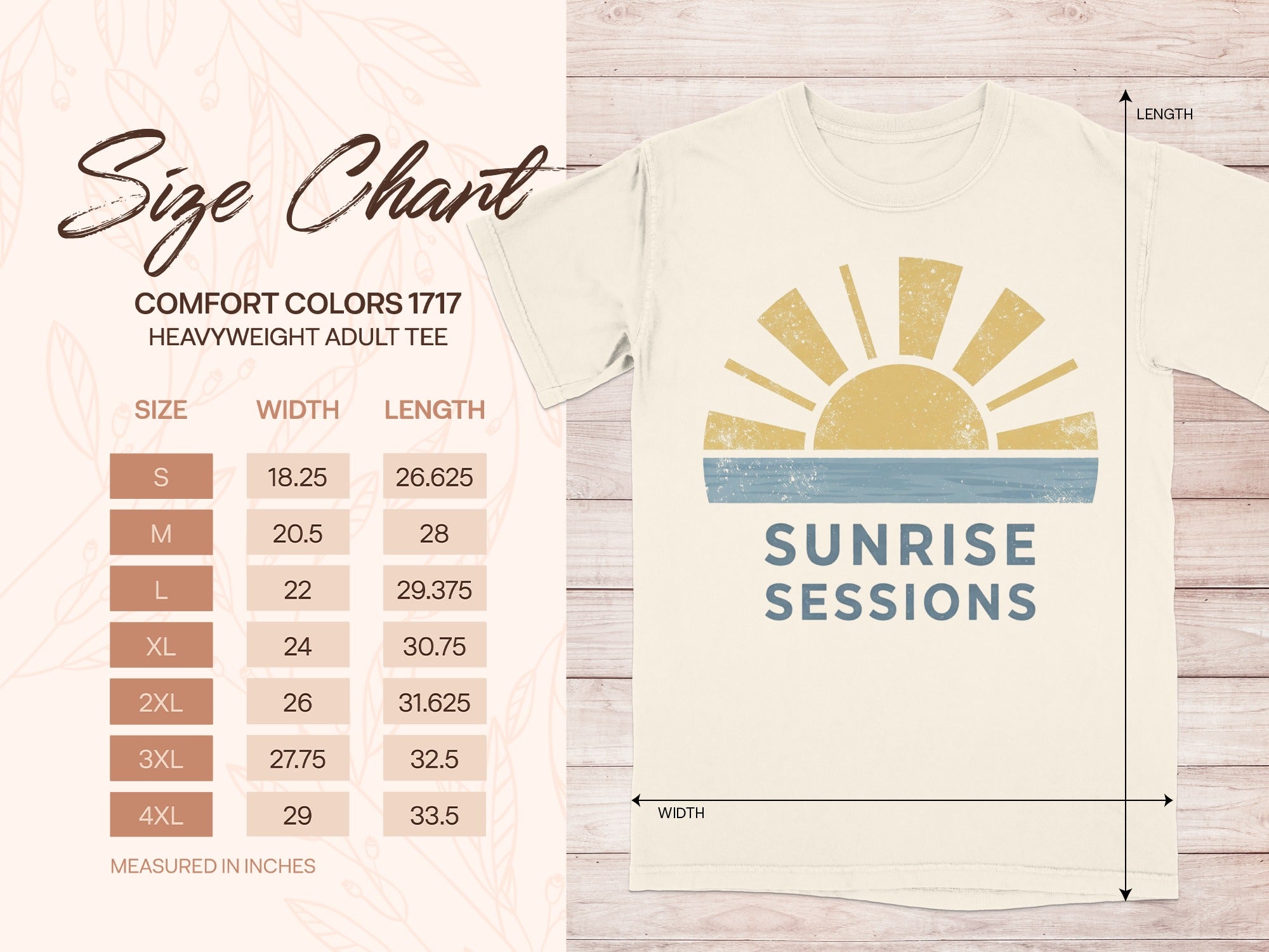 Comfort Colors 1717 size chart for heavyweight adult tee with sunrise graphic.