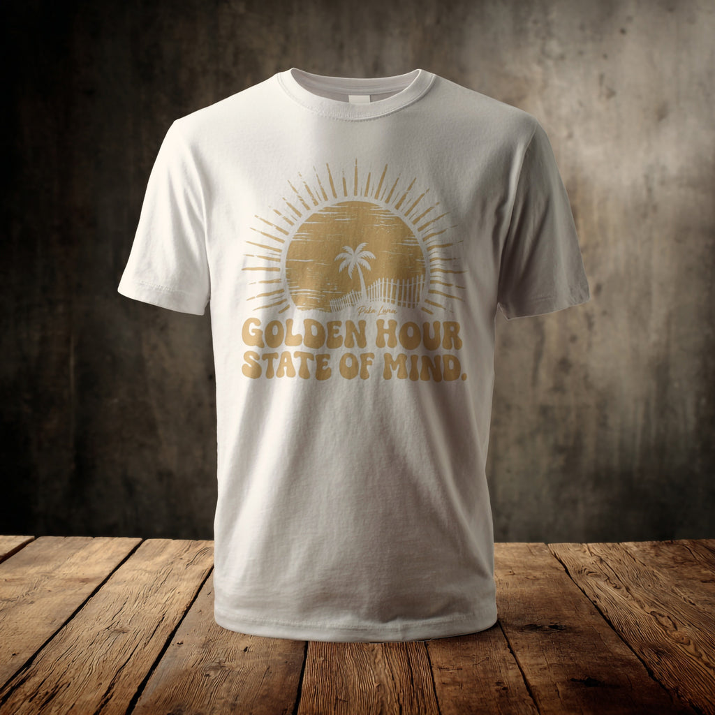 White t-shirt with "Golden Hour State of Mind" graphic.