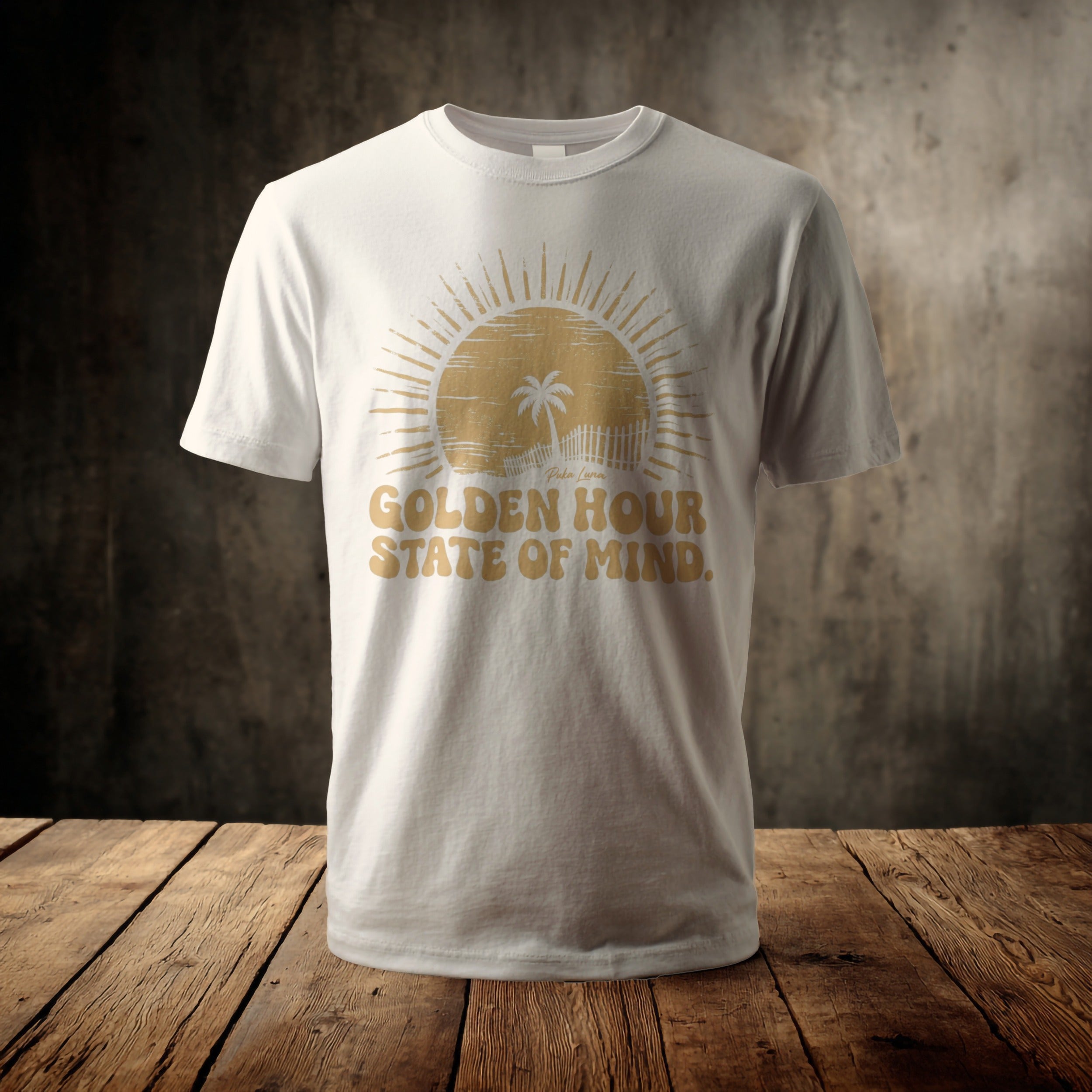 White t-shirt with "Golden Hour State of Mind" graphic.