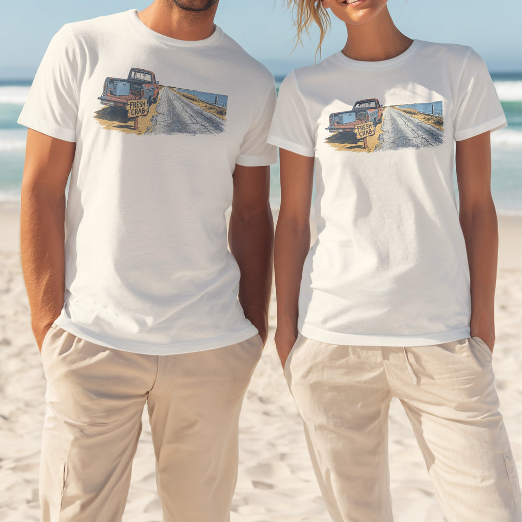 White t-shirts featuring a graphic of a truck and a "FRESH CRAB" sign.