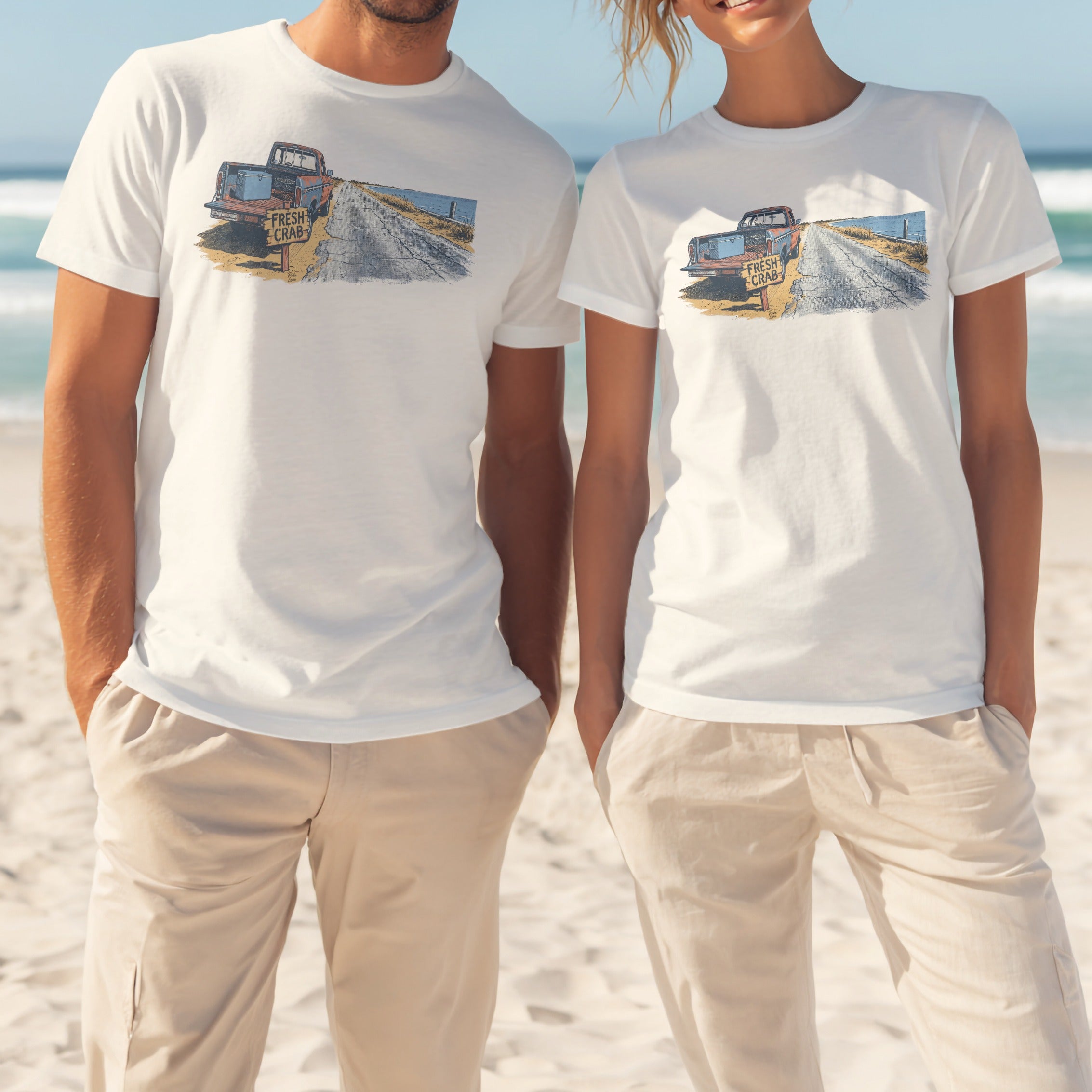 White t-shirts featuring a graphic of a truck and a "FRESH CRAB" sign.