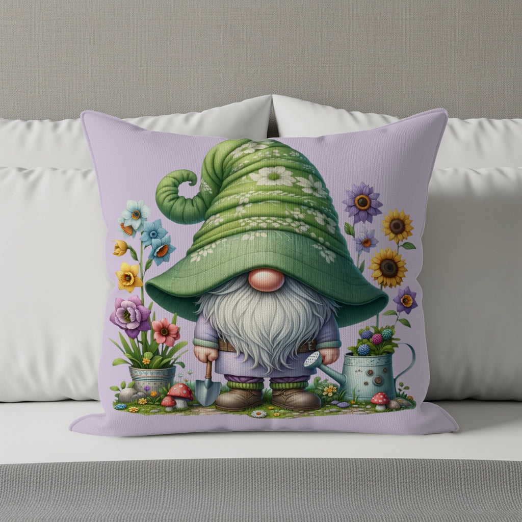 Gnome with green hat surrounded by flowers and gardening tools.