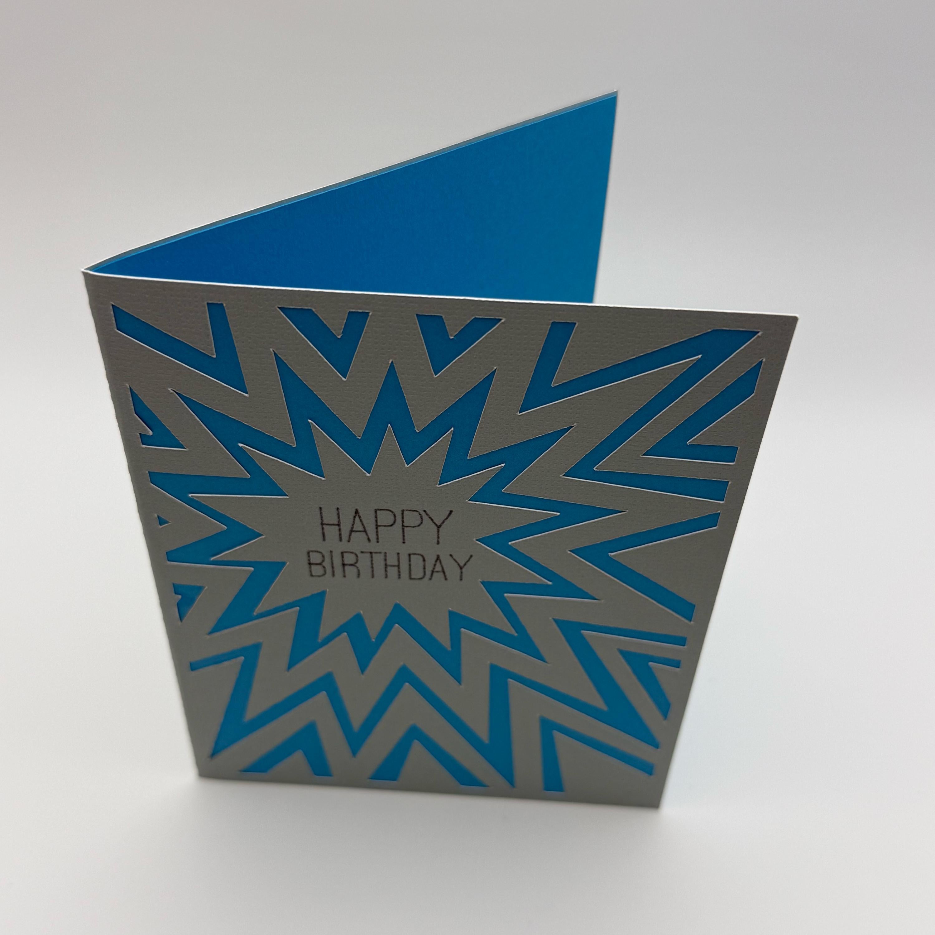 Handmade Pop Art Birthday Card – Blue Grey Sunburst 3D Layered Greeting Card