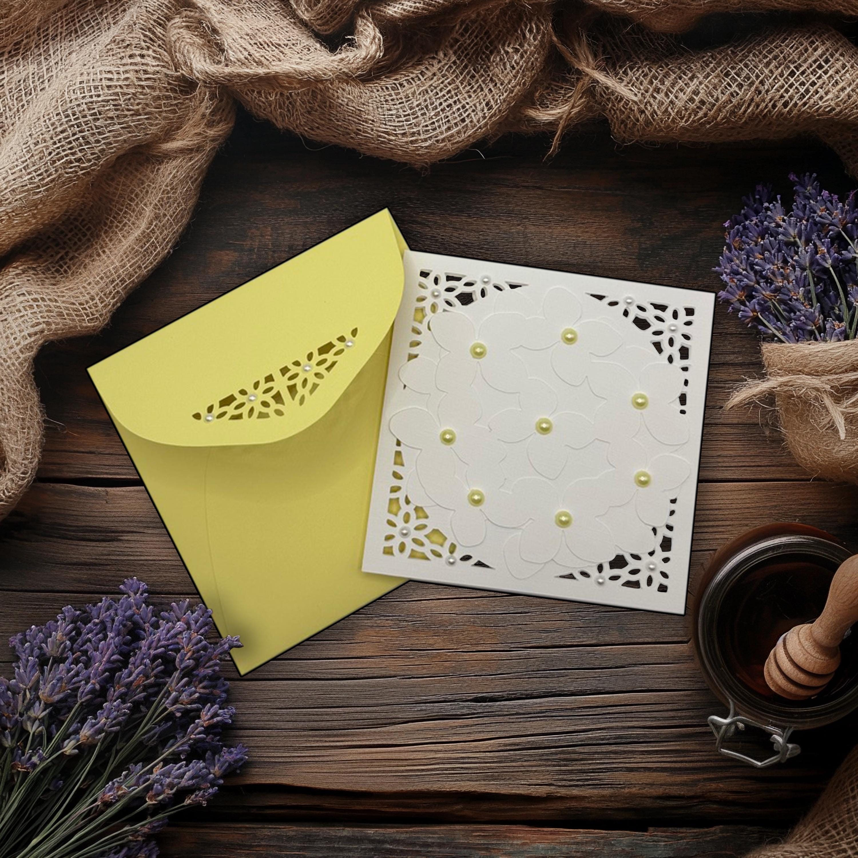 Laser Cut Floral Greeting Card | White Lace with Pearl Accents & Handmade Envelope | Wedding, Bridal Shower & Birthday