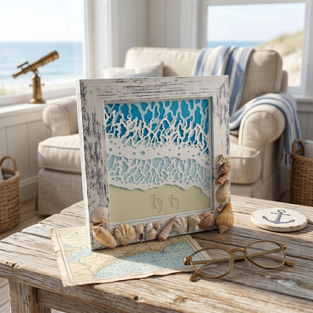 Gulf Coast Shell Frame – Handpicked Seashells & 3D Ocean Wave Paper Art, White Wash