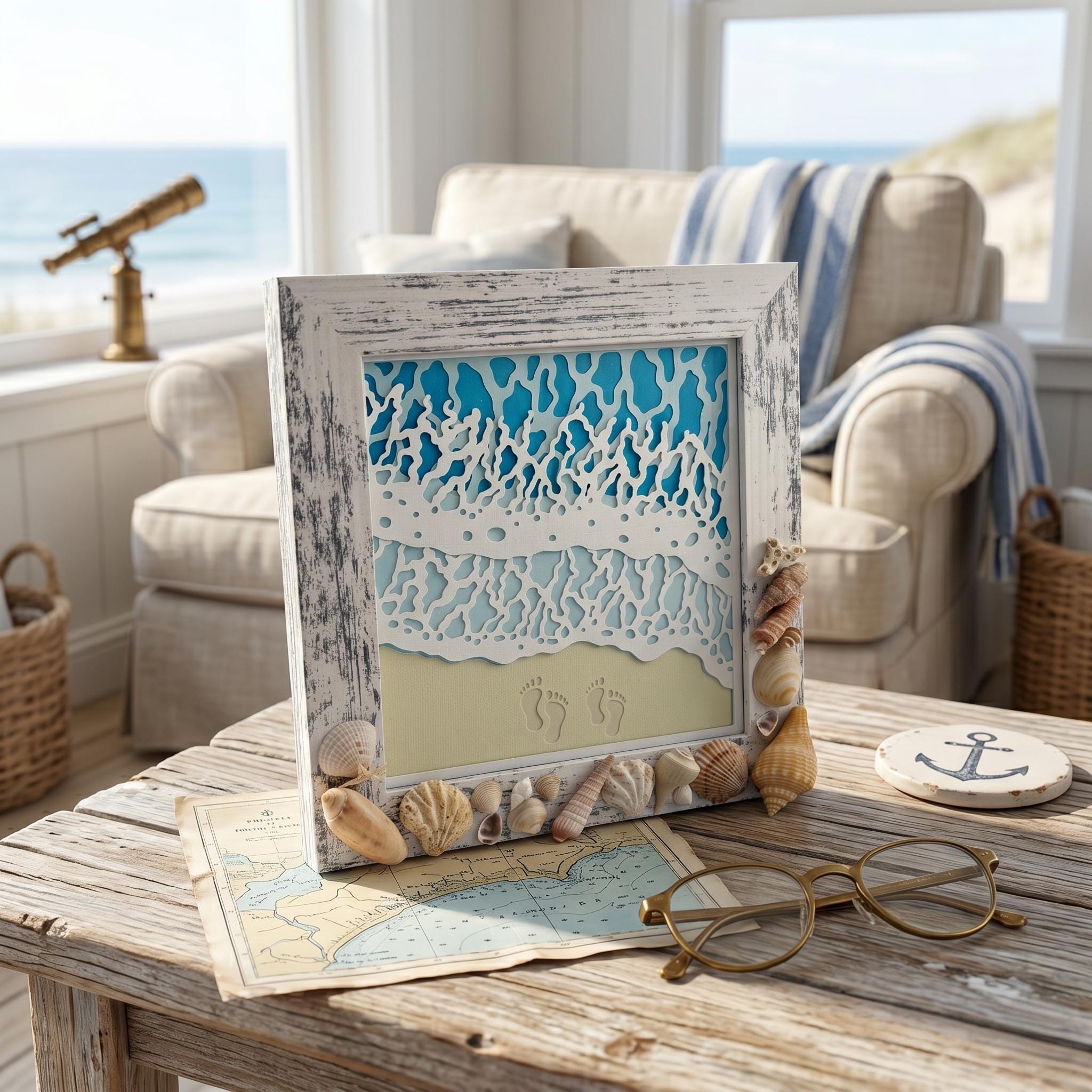 Gulf Coast Shell Frame – Handpicked Seashells & 3D Ocean Wave Paper Art, White Wash