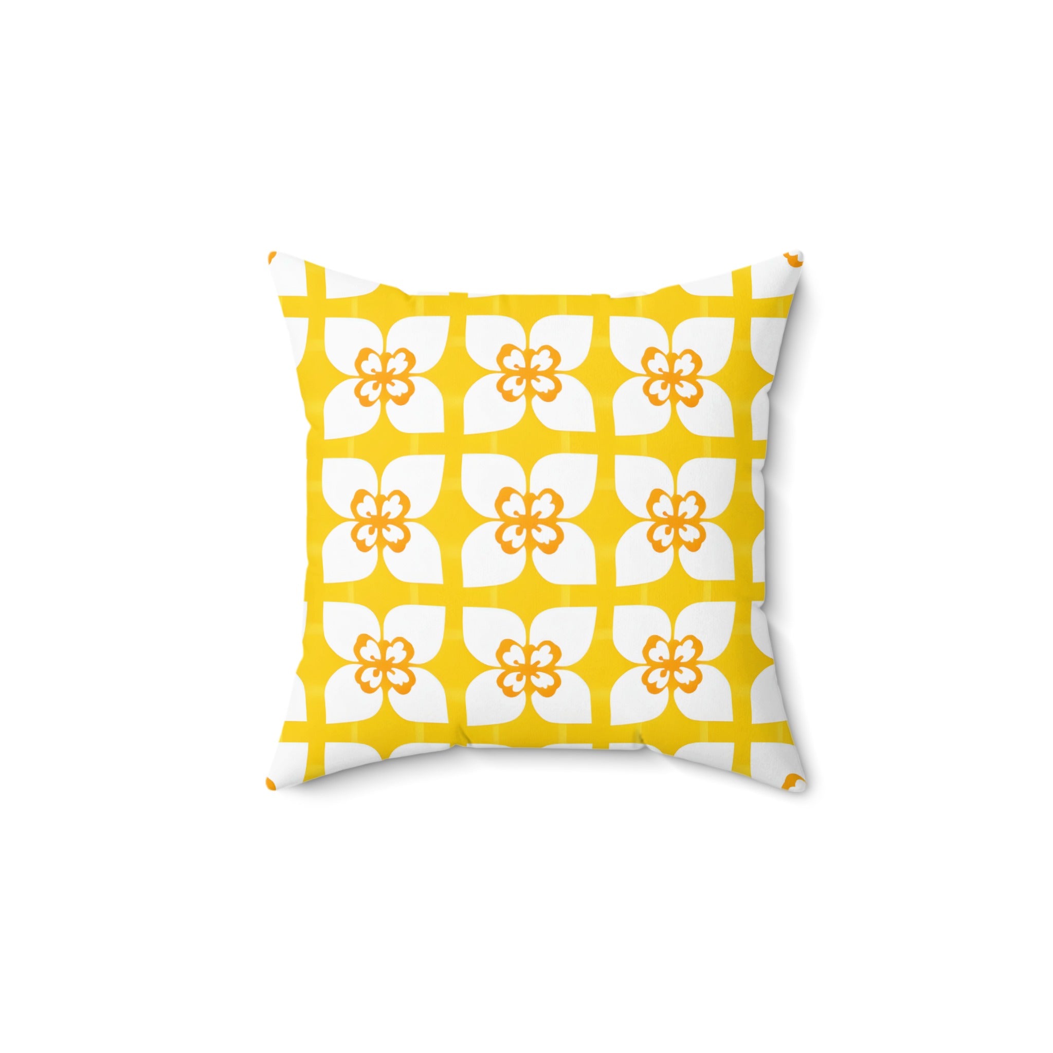 Square pillow with a white and orange floral geometric pattern on a yellow background.