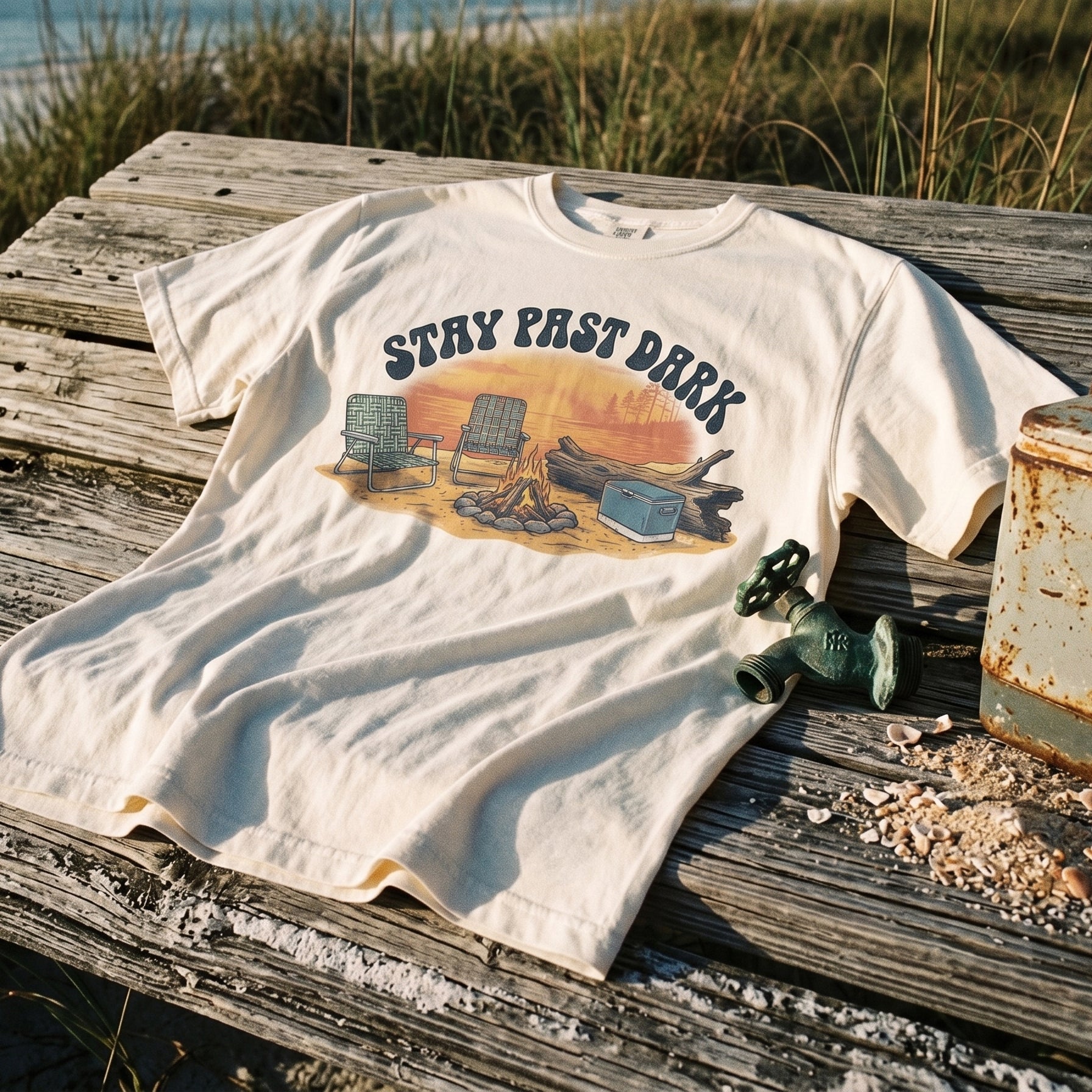 Cream t-shirt with "STAY PAST DARK" printed across a campsite graphic.