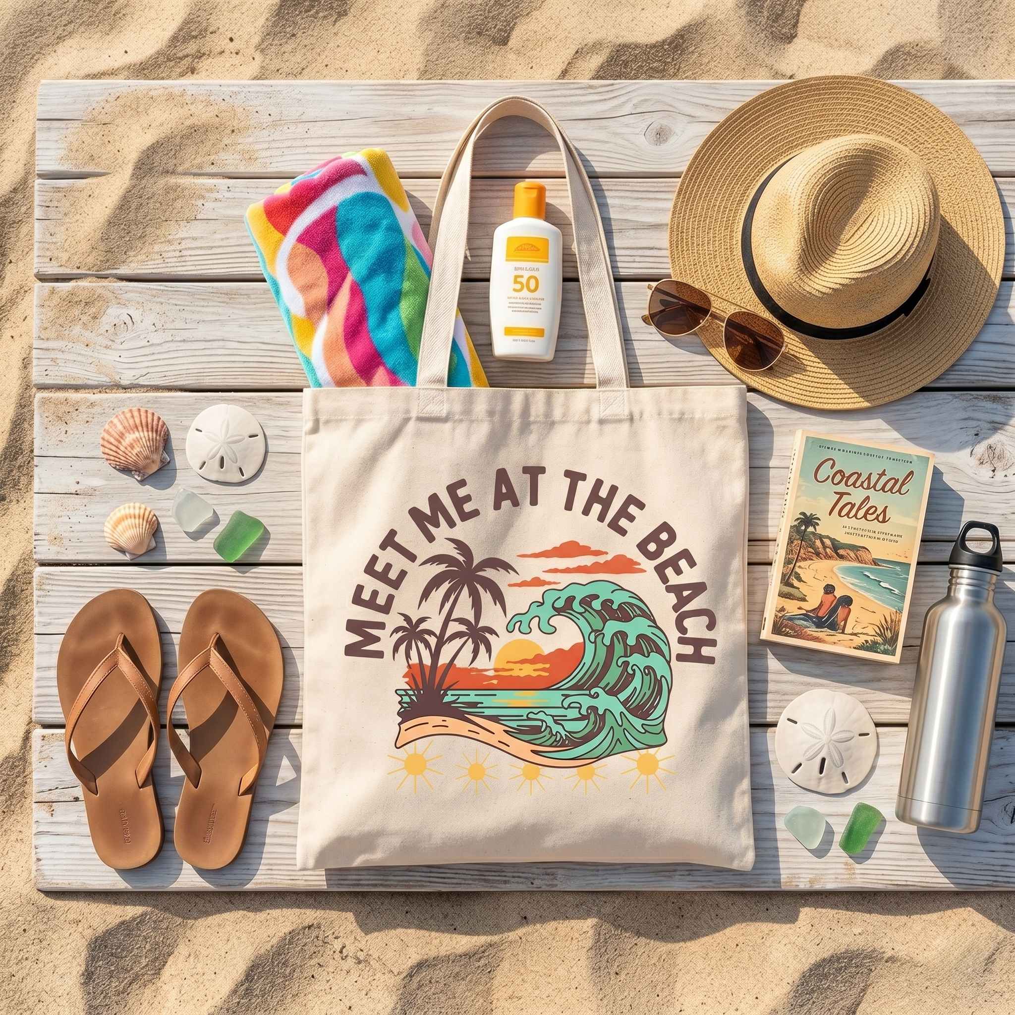 Canvas tote bag with "Meet Me at the Beach" graphic, hat, sunglasses, and beach items.
