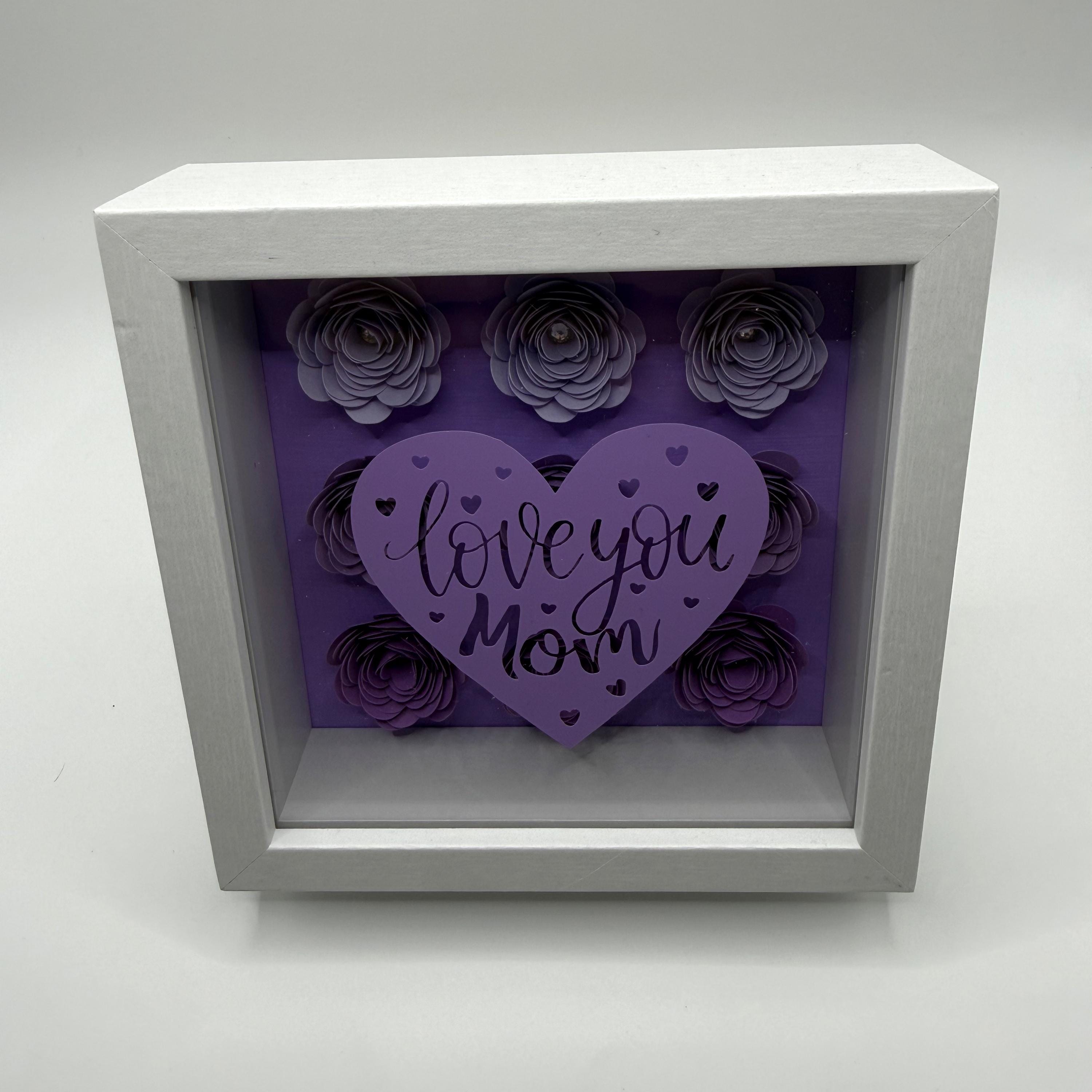 Paper Flower Heart Shadow Box – "Love You Mom" Bejeweled 3D Wall Art, Pink or Purple