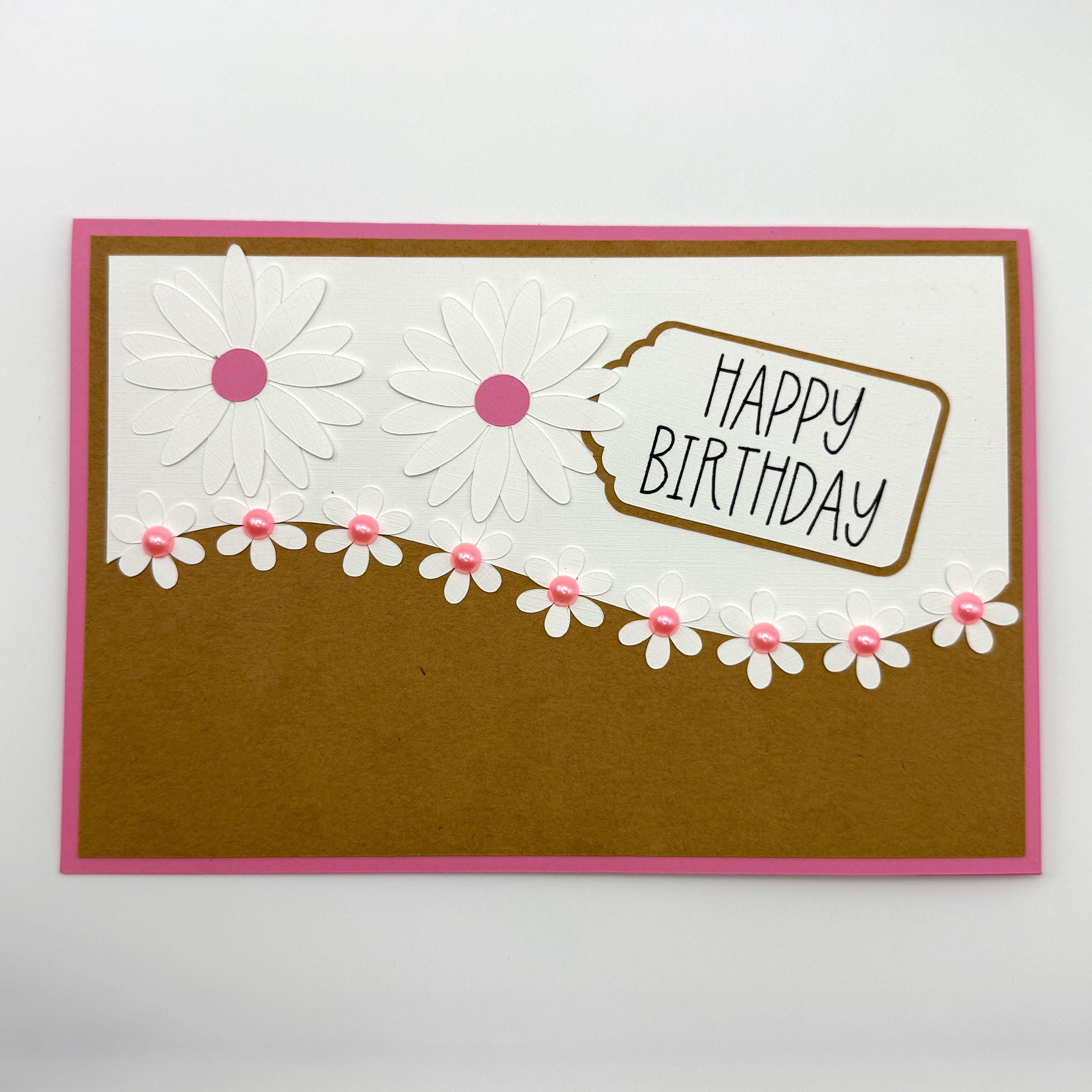 Handcrafted Daisy Birthday Card, Floral Kraft Paper Greeting, Pink Pearl Accents