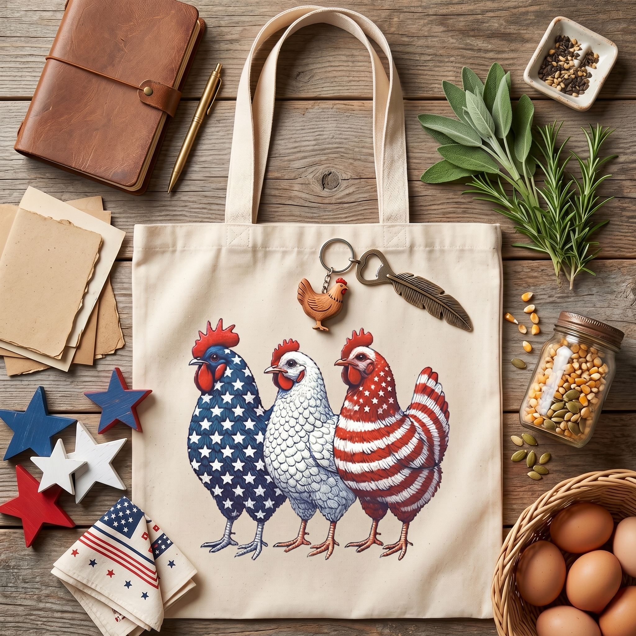 Canvas tote bag featuring three patriotic chickens with a star and stripe pattern.