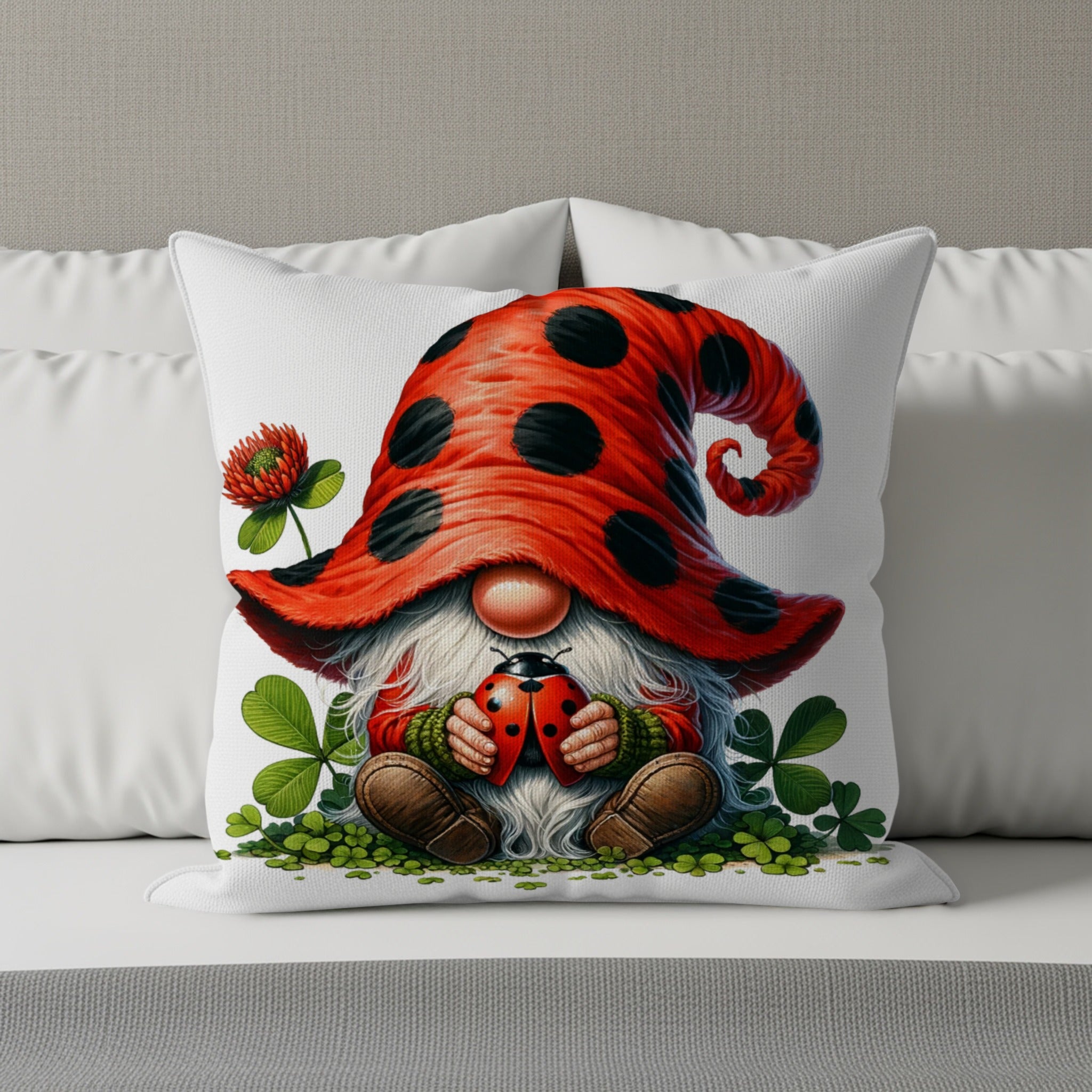 Gnome in ladybug hat holding a ladybug, surrounded by shamrocks and clover.