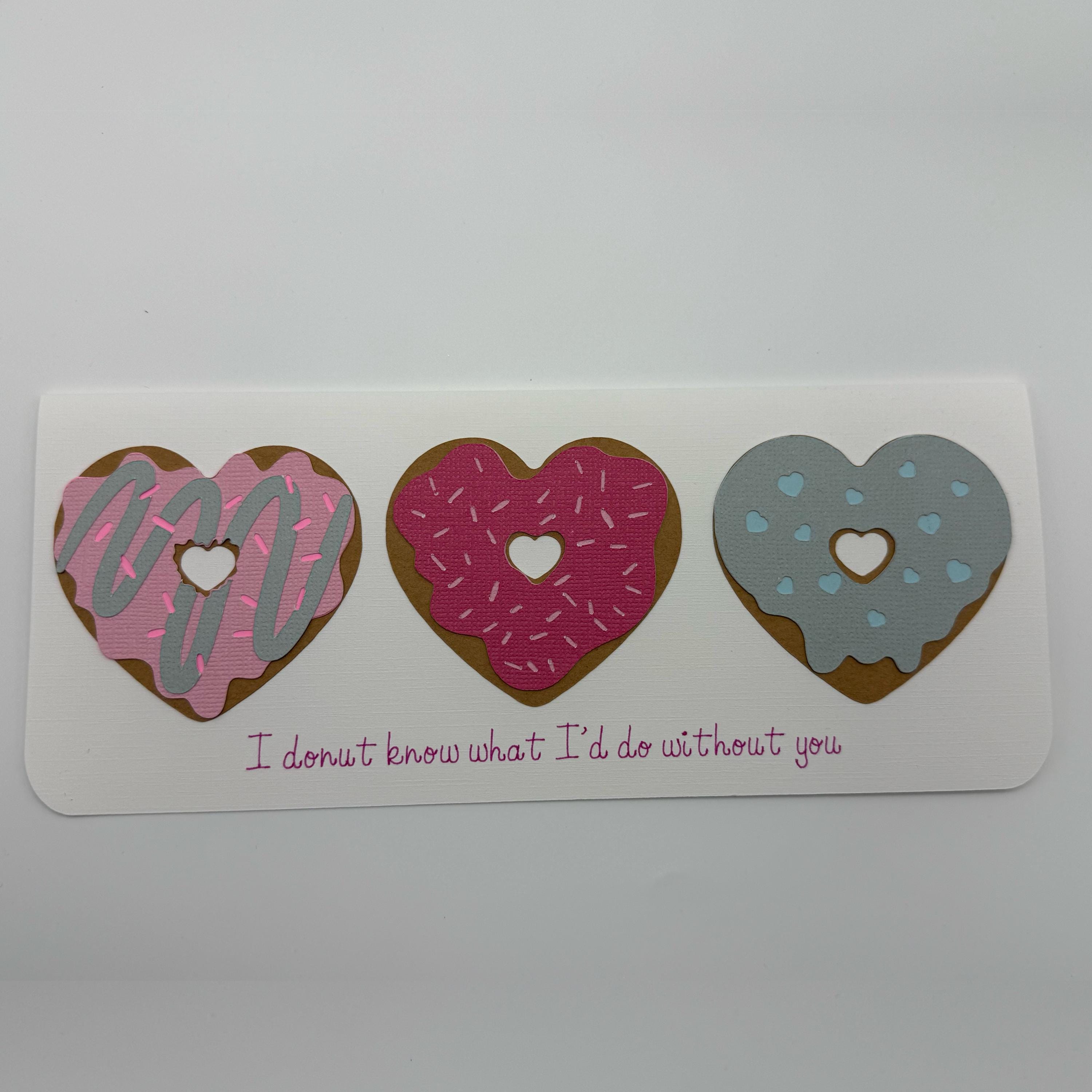 Layered Donut Card – Pink, Blue, Heart Sprinkles – Slimline Greeting (8.5" x 3.5")