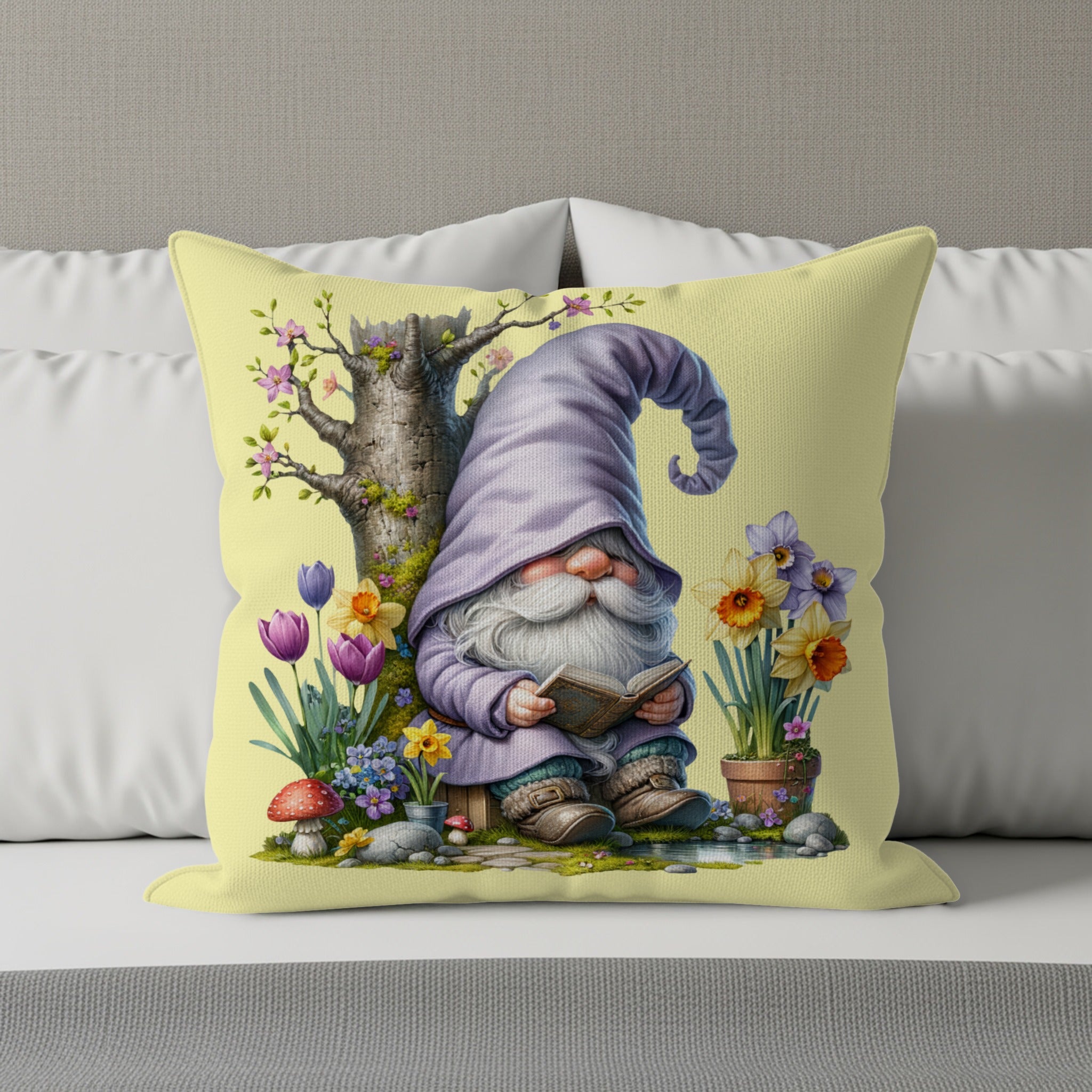 Gnome reading a book under a tree with flowers.